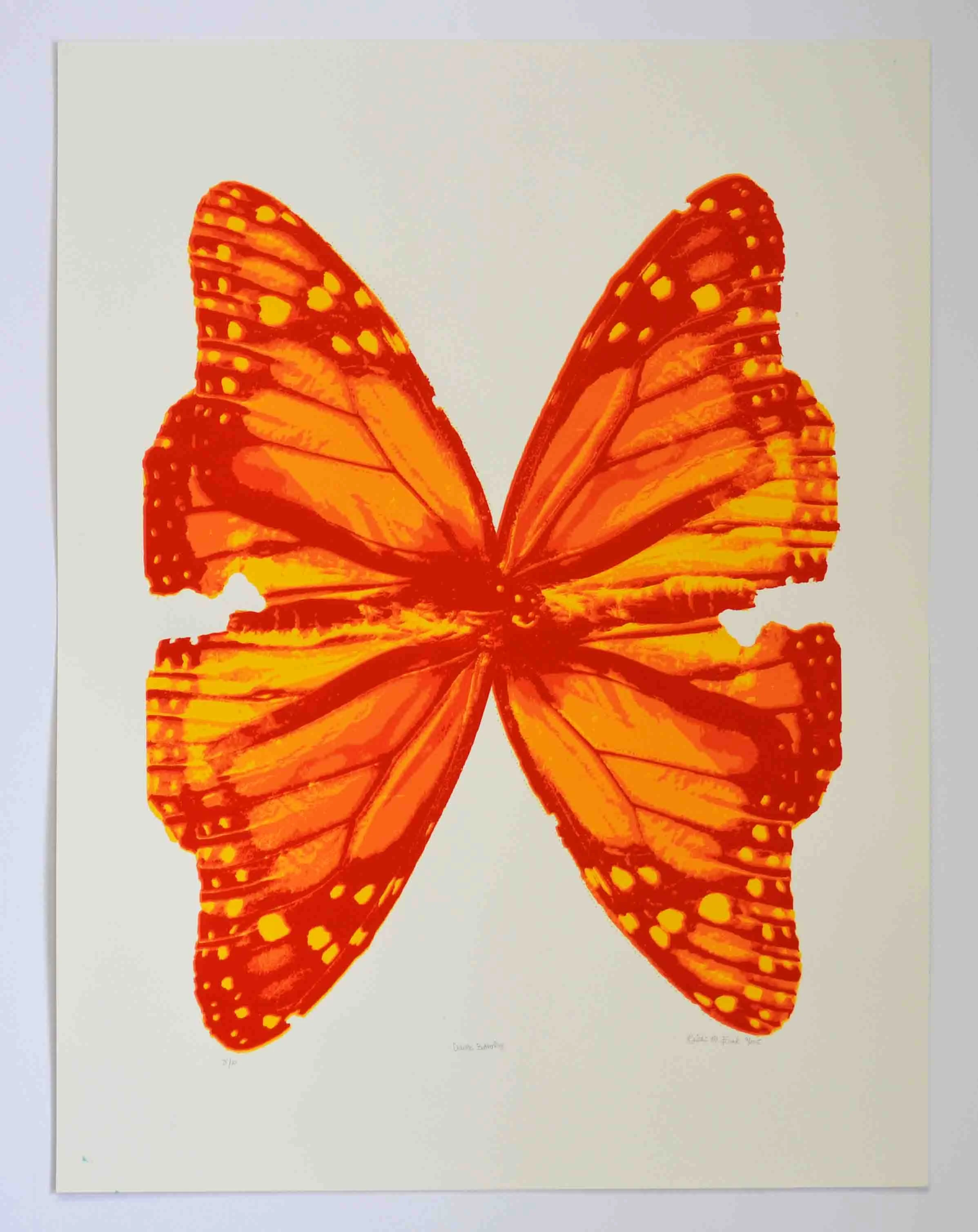 Photo of the screen print tiled "Orange Posterized Butterfly." This print features two monarch butterflies positioned to look like one large butterfly. It is by Kristin Frank.