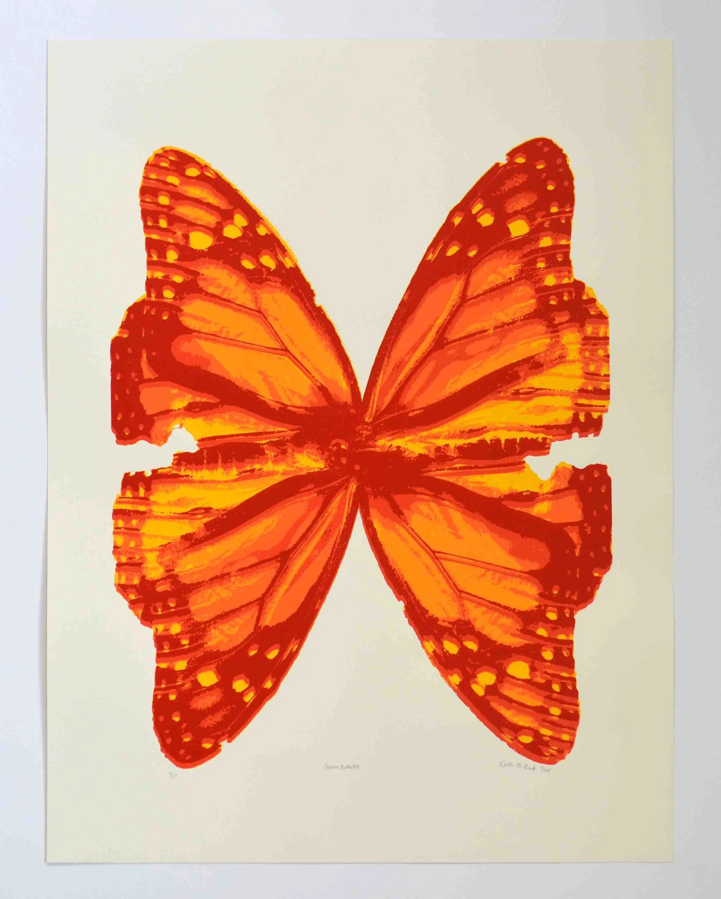 Photo of the screen print tiled "Orange Posterized Butterfly." This print features two monarch butterflies positioned to look like one large butterfly. It is by Kristin Frank.