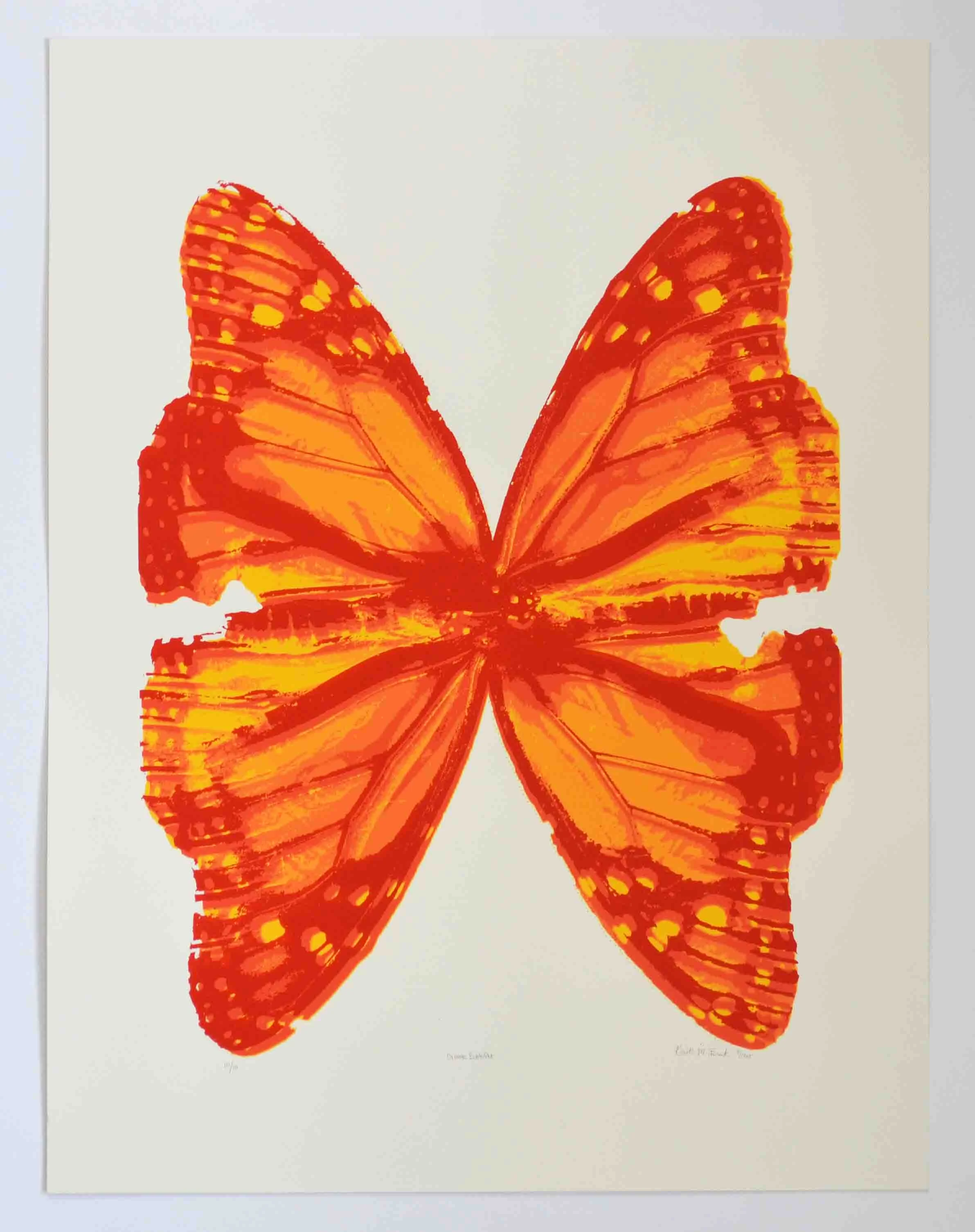 Photo of the screen print tiled "Orange Posterized Butterfly." This print features two monarch butterflies positioned to look like one large butterfly. It is by Kristin Frank.