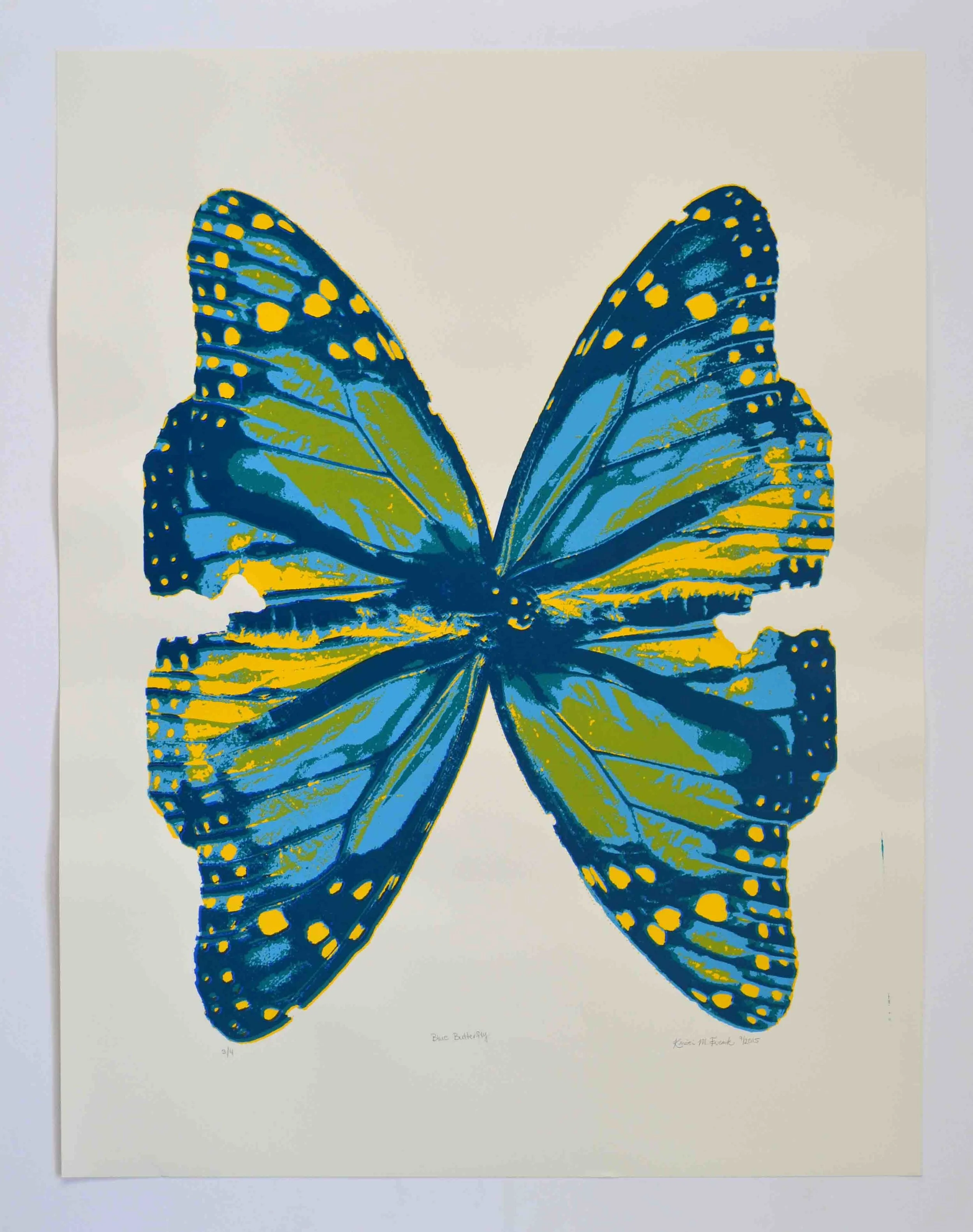 Photo of the screen print tiled "Blue Posterized Butterfly." This print features two monarch butterflies positioned to look like one large butterfly. It is by Kristin Frank.
