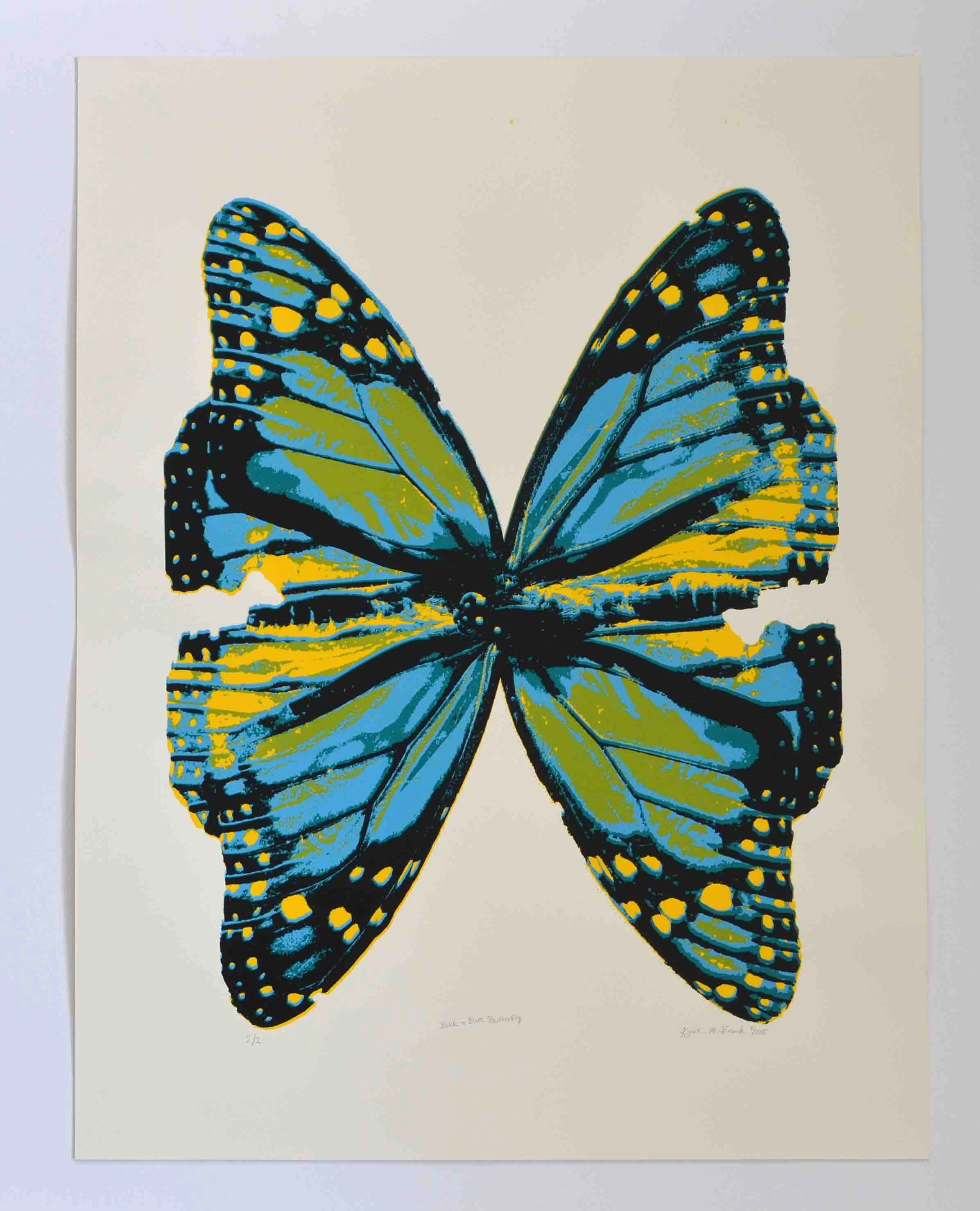 Photo of the screen print tiled "Black and Blue Posterized Butterfly." This print features two monarch butterflies positioned to look like one large butterfly. It is by Kristin Frank.