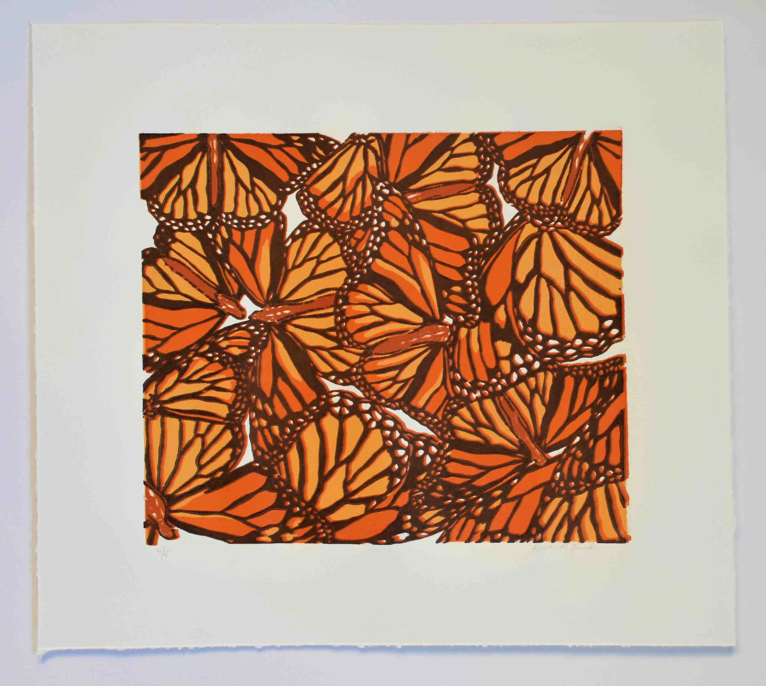 Relief print titled "Monarch Collage No.1." This is the four color version. This is number 4 of 8. By Kristin Frank.