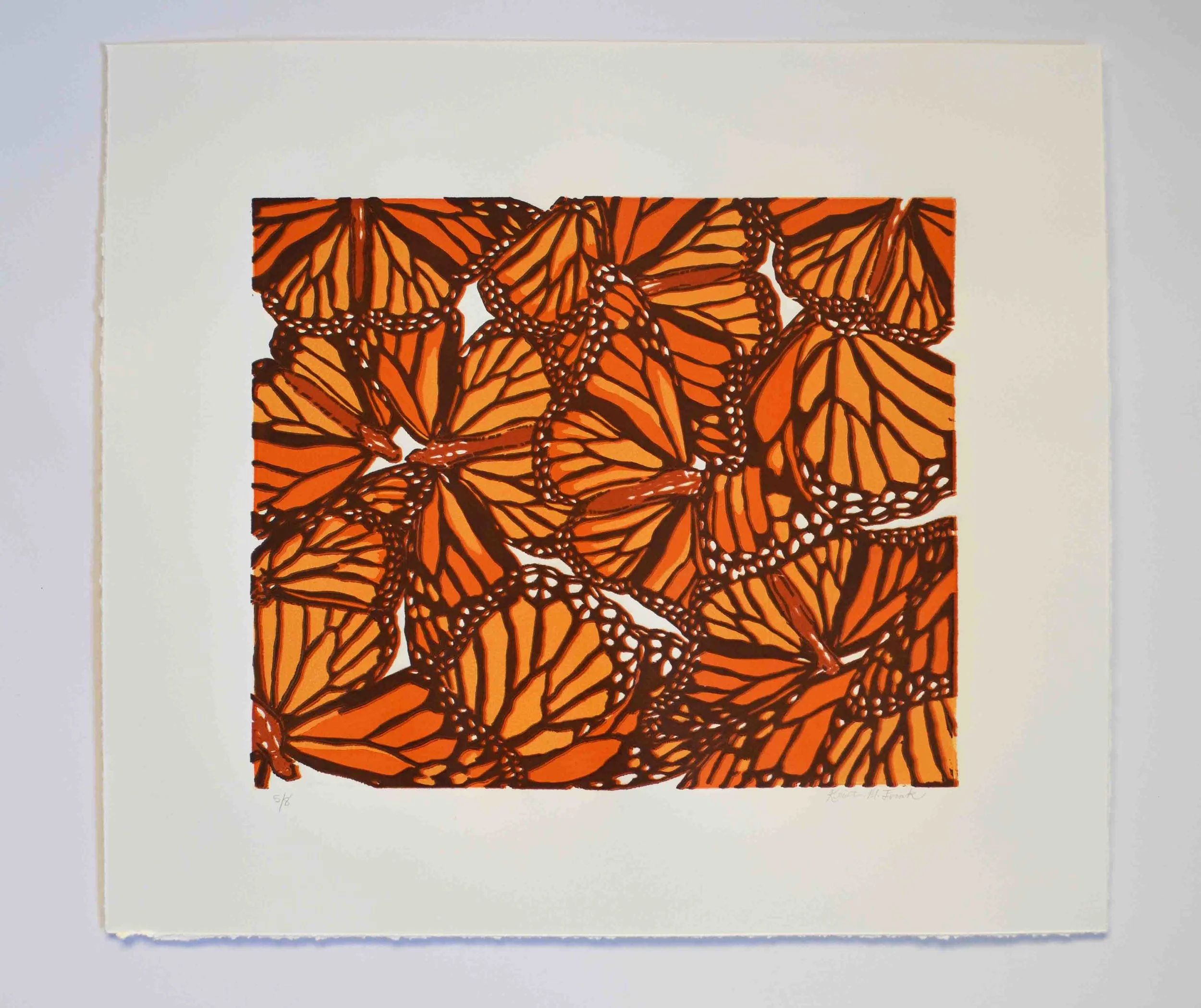 Relief print titled "Monarch Collage No.1." This is the four color version. This is number 5 of 8. By Kristin Frank.