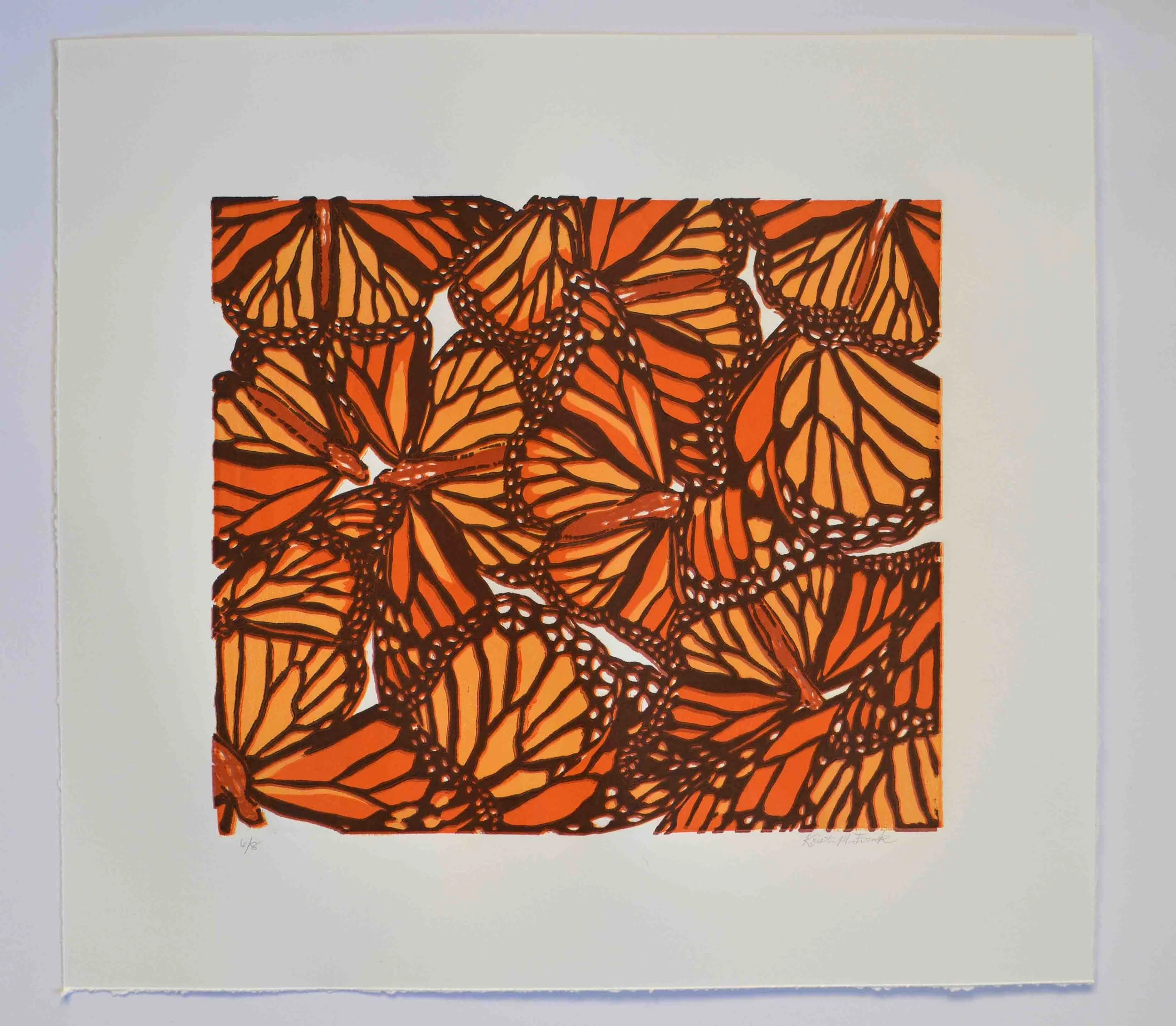 Relief print titled "Monarch Collage No.1." This is the four color version. This is number 6 of 8. By Kristin Frank.