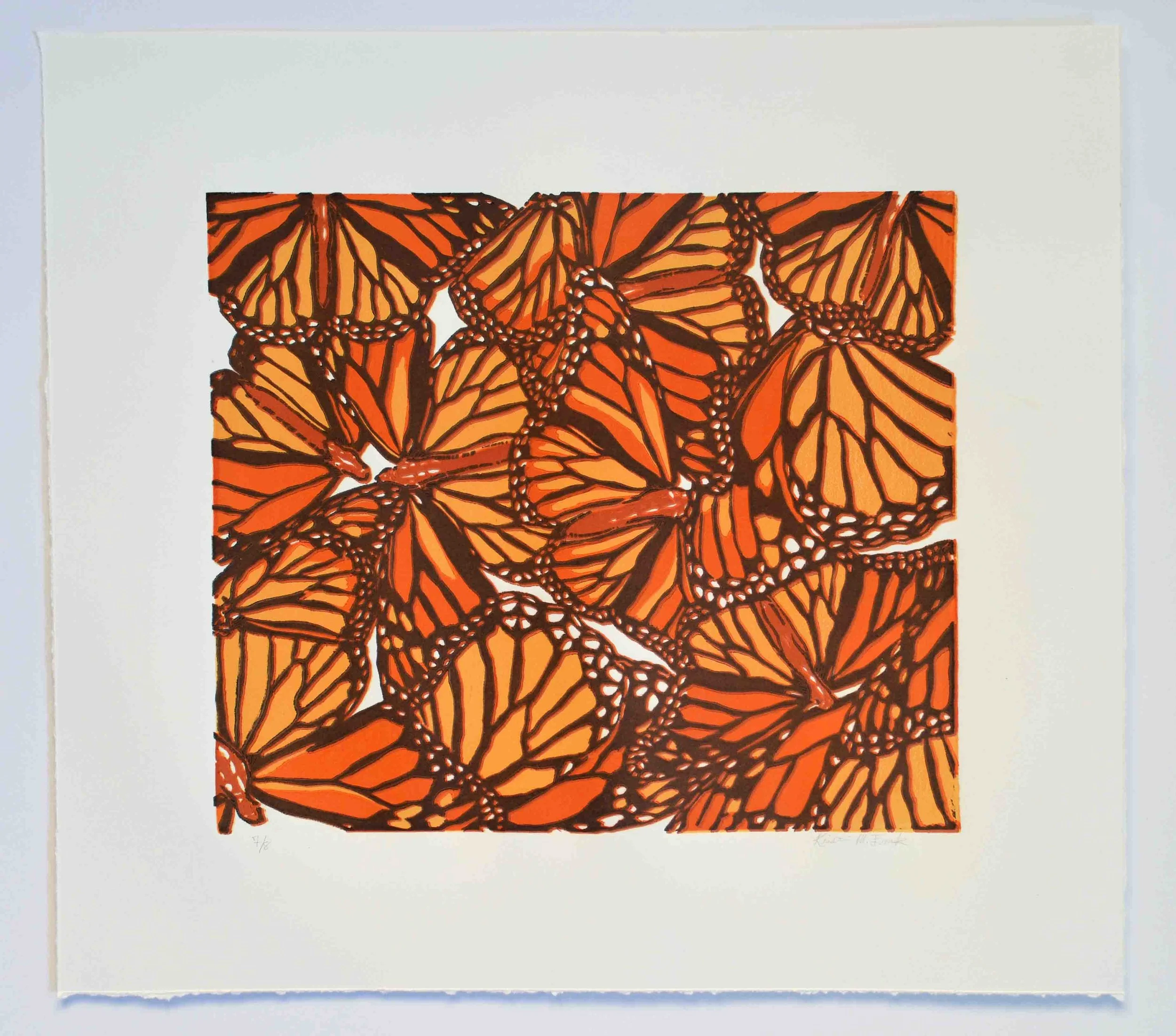 Relief print titled "Monarch Collage No.1." This is the four color version. This is number 7 of 8. By Kristin Frank.