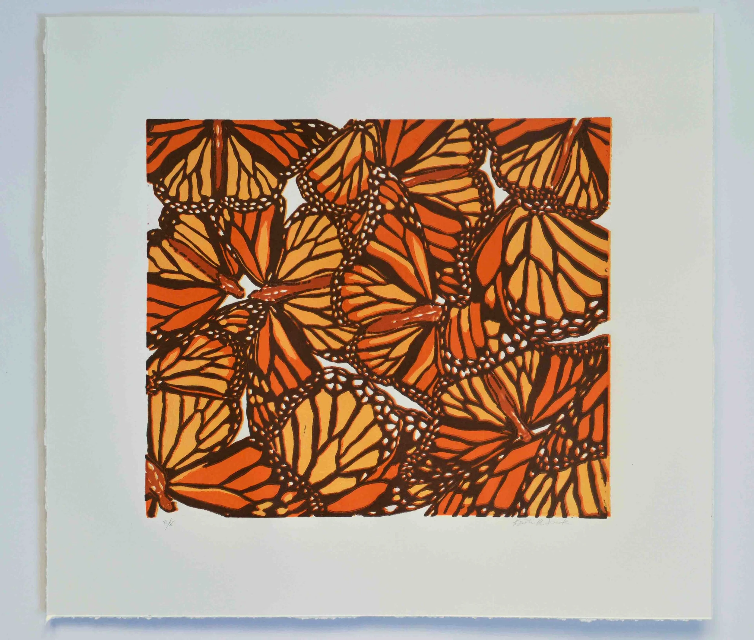 Relief print titled "Monarch Collage No.1." This is the four color version. This is number 8 of 8. By Kristin Frank.
