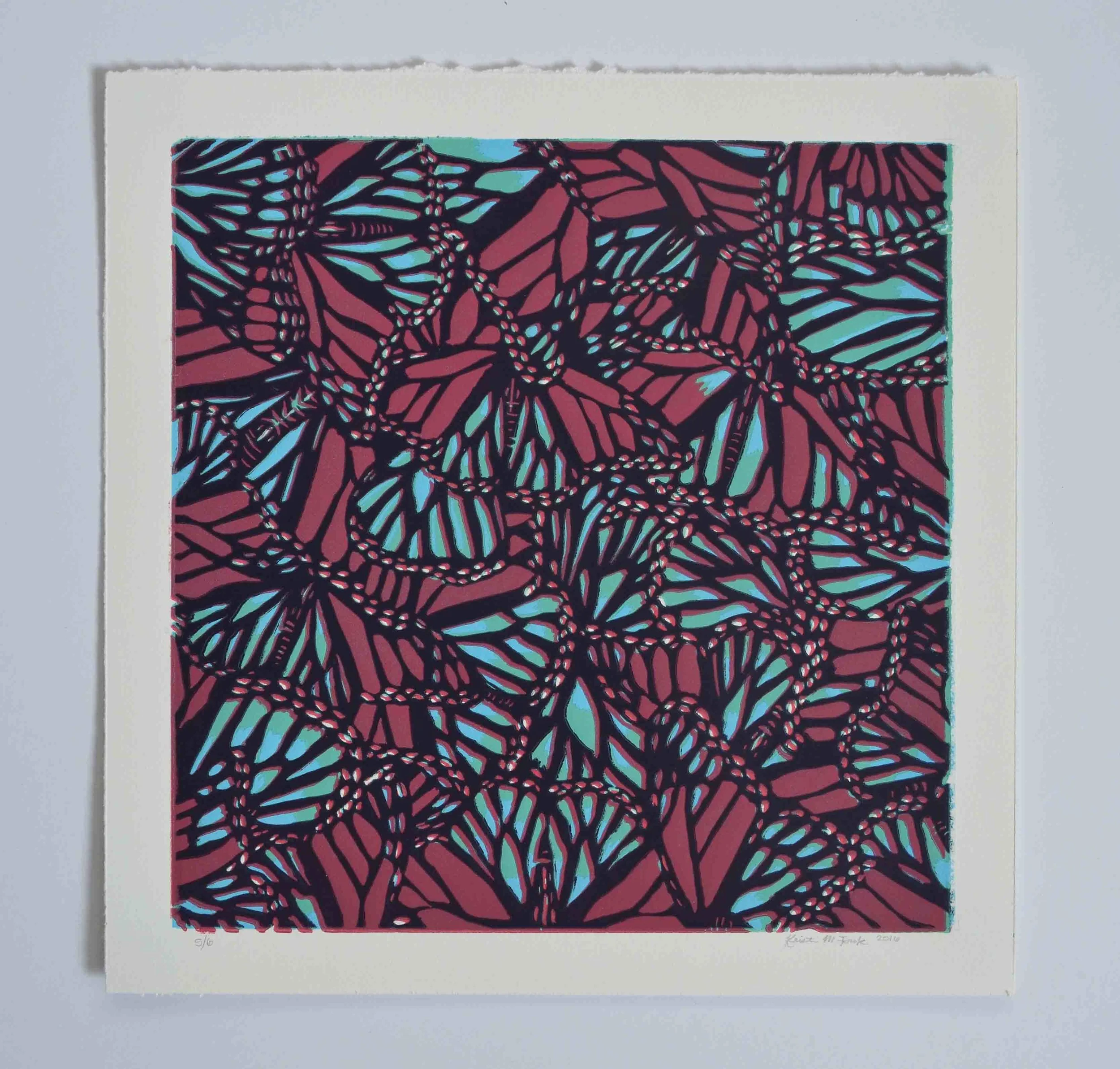 Relief print titled "Monarch Collage No.2" by Kristin Frank. This print features monarch butterfly wings.