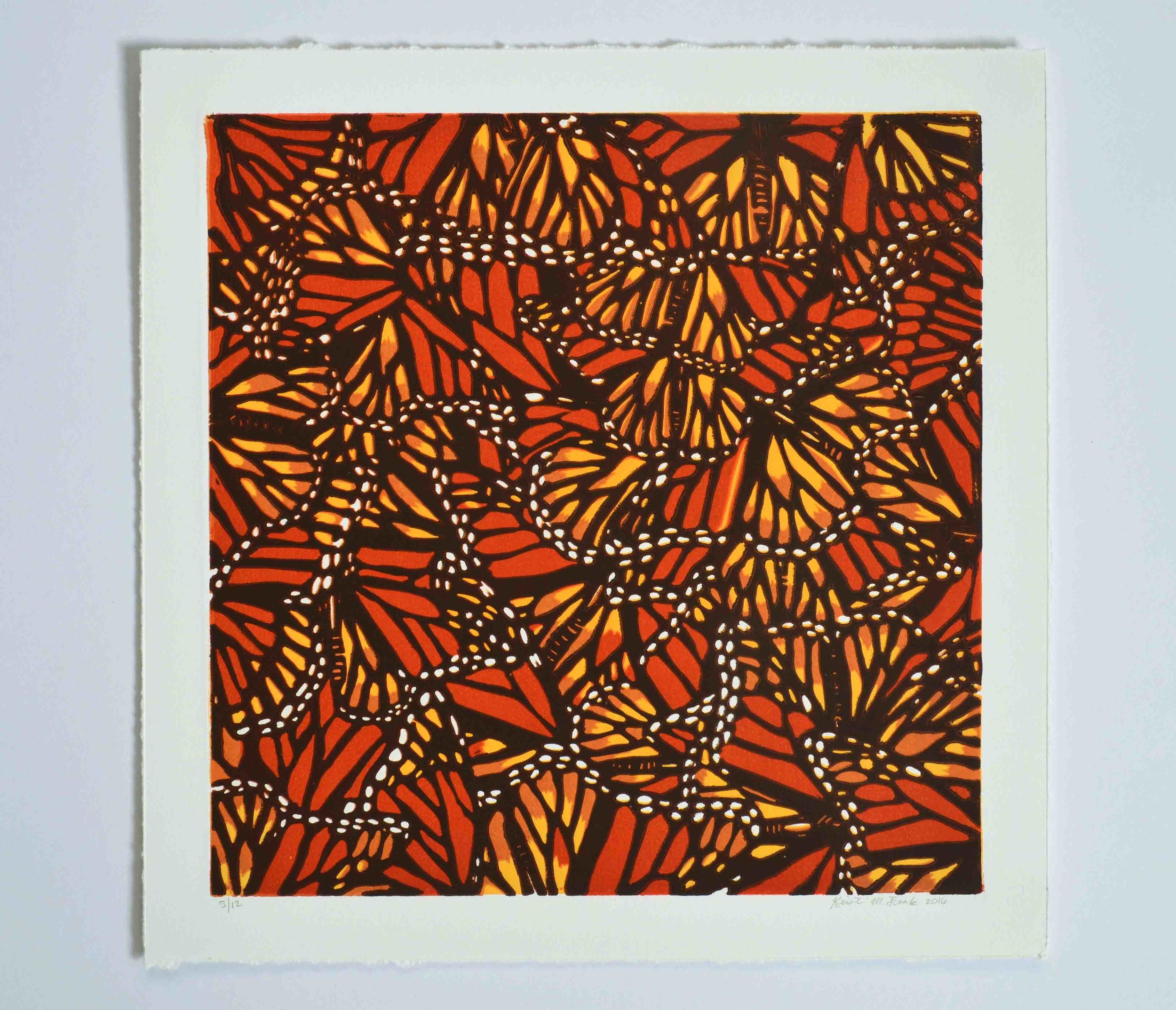 Relief print titled "Monarch Collage No.2" by Kristin Frank. This print features monarch butterfly wings.