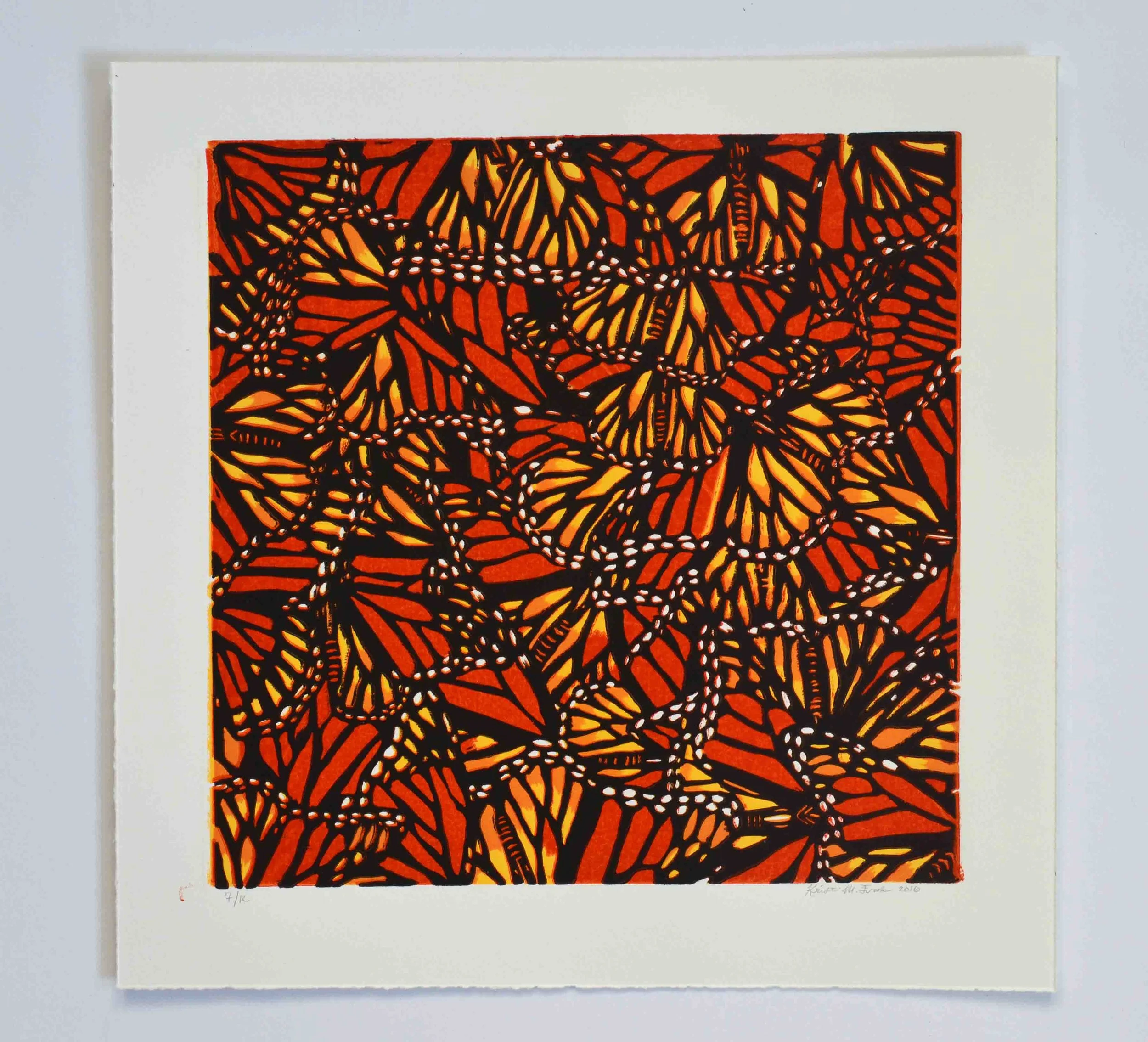 Relief print titled "Monarch Collage No.2" by Kristin Frank. This print features monarch butterfly wings.