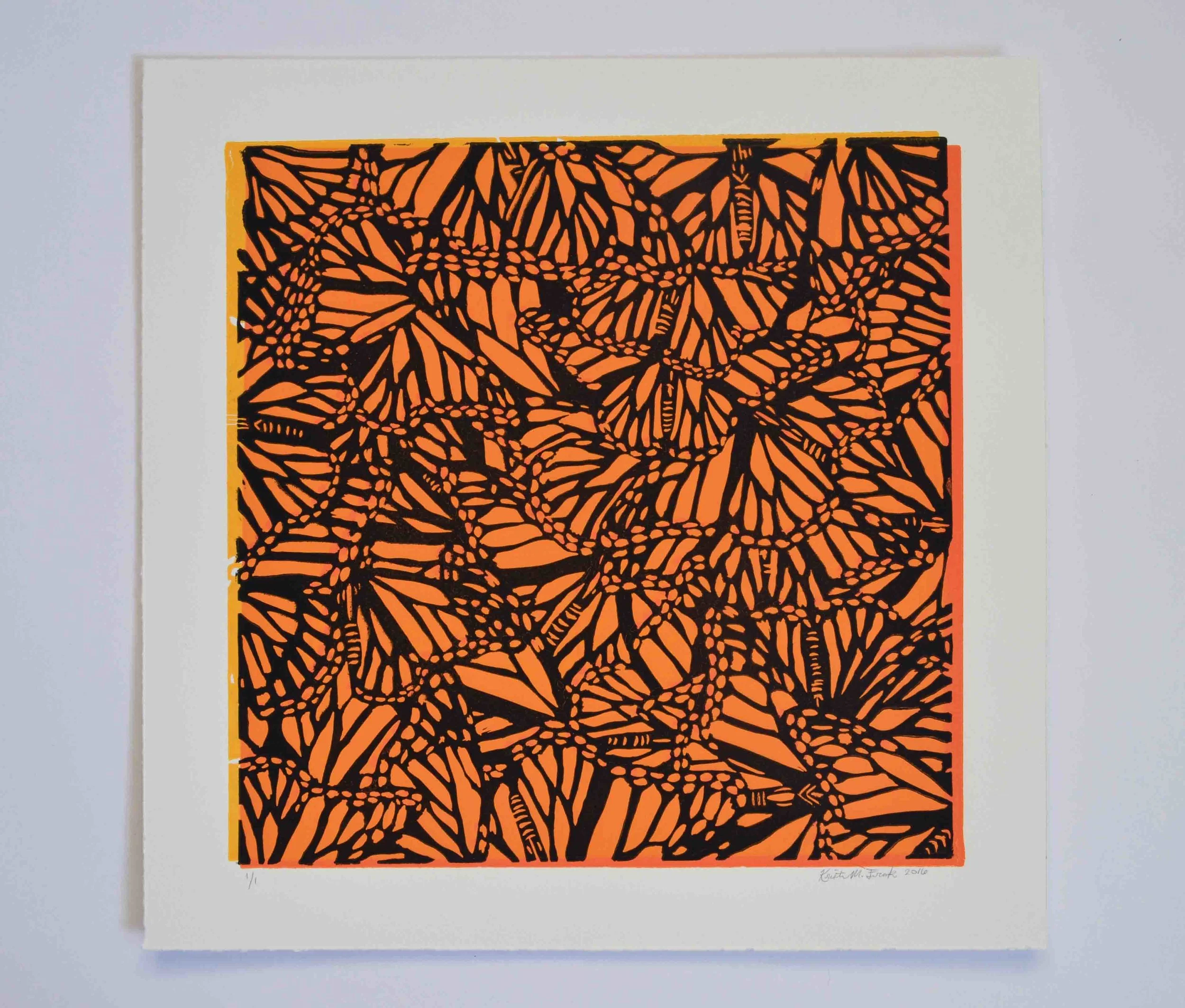 Relief print titled "Monarch Collage No.2" by Kristin Frank. This print features monarch butterfly wings.