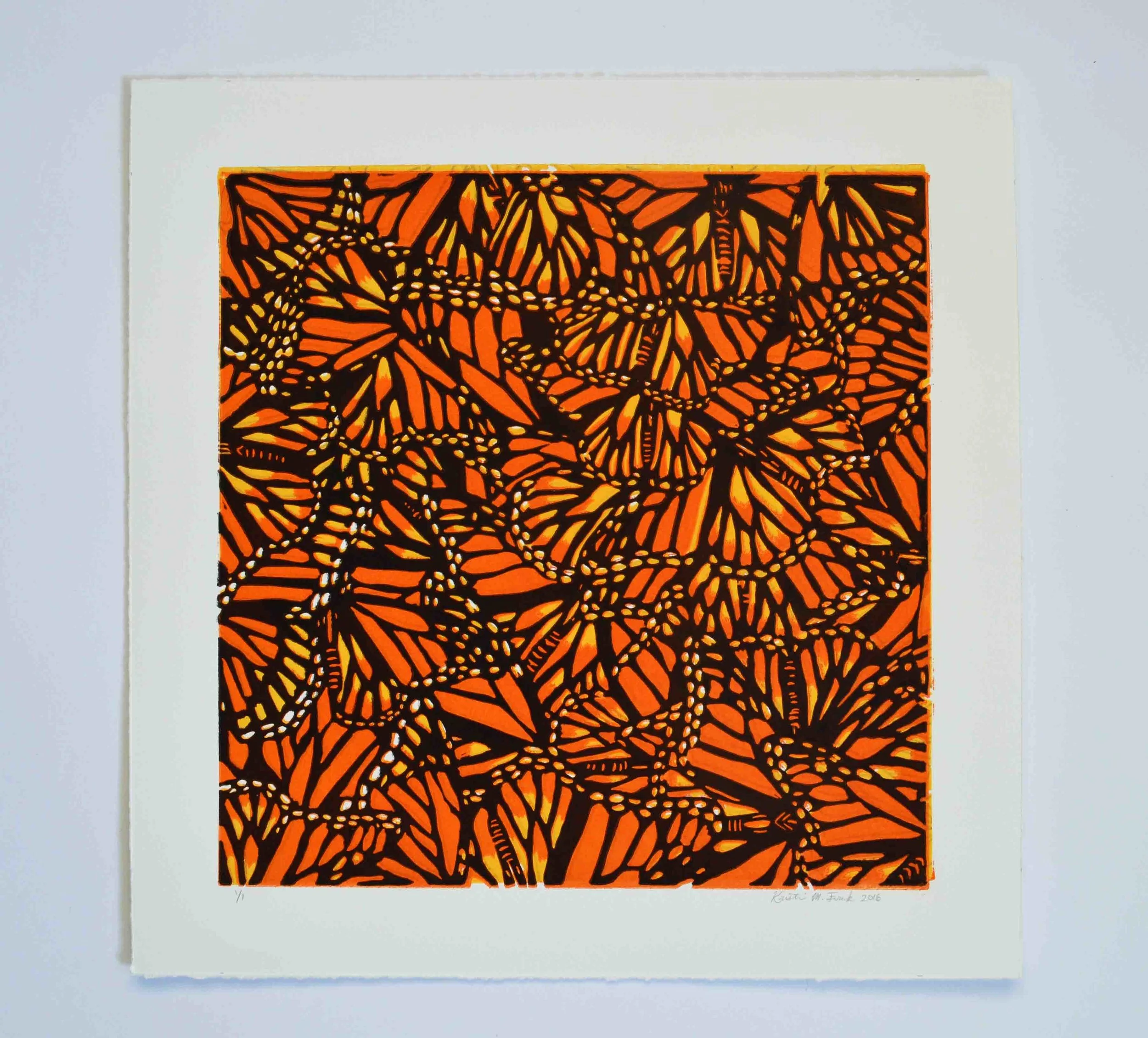 Relief print titled "Monarch Collage No.2" by Kristin Frank. This print features monarch butterfly wings.
