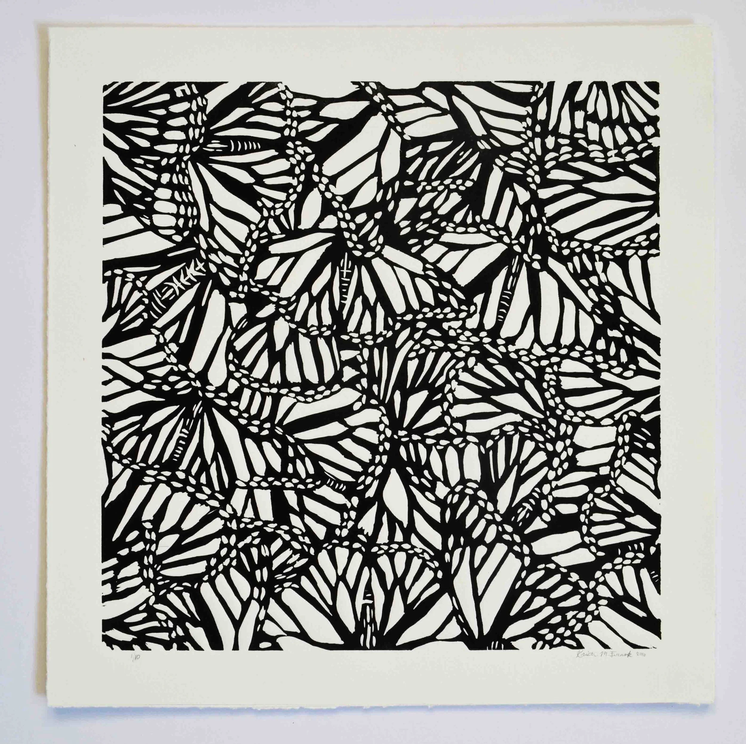 Relief print titled "Monarch Collage No.2" by Kristin Frank. This print features monarch butterfly wings.