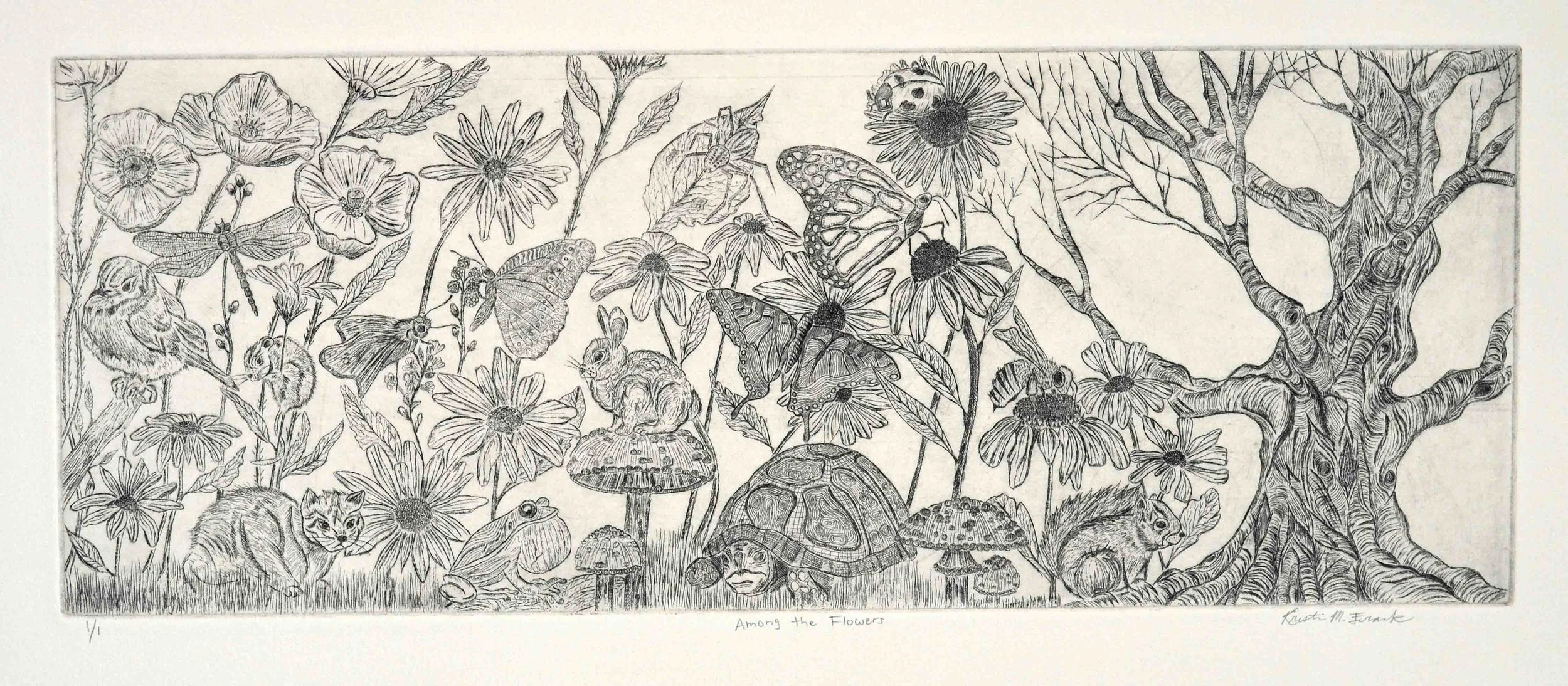 Photo of the intaglio etching titled "Among the Flowers" by Kristin Frank. The etching features a variety of insects and animals among flowers.