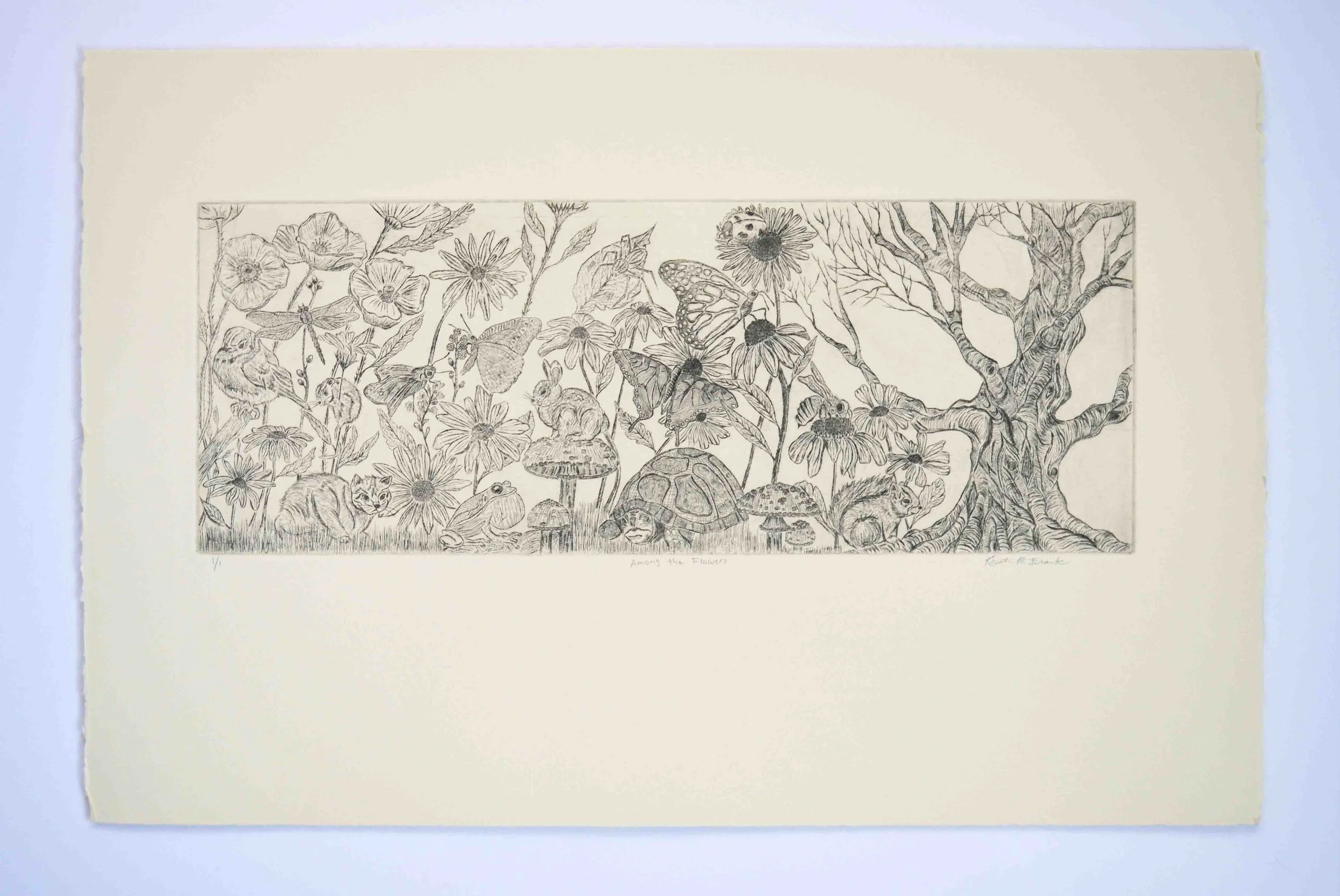 Photo of the intaglio etching titled "Among the Flowers" by Kristin Frank. The etching features a variety of insects and animals among flowers.
