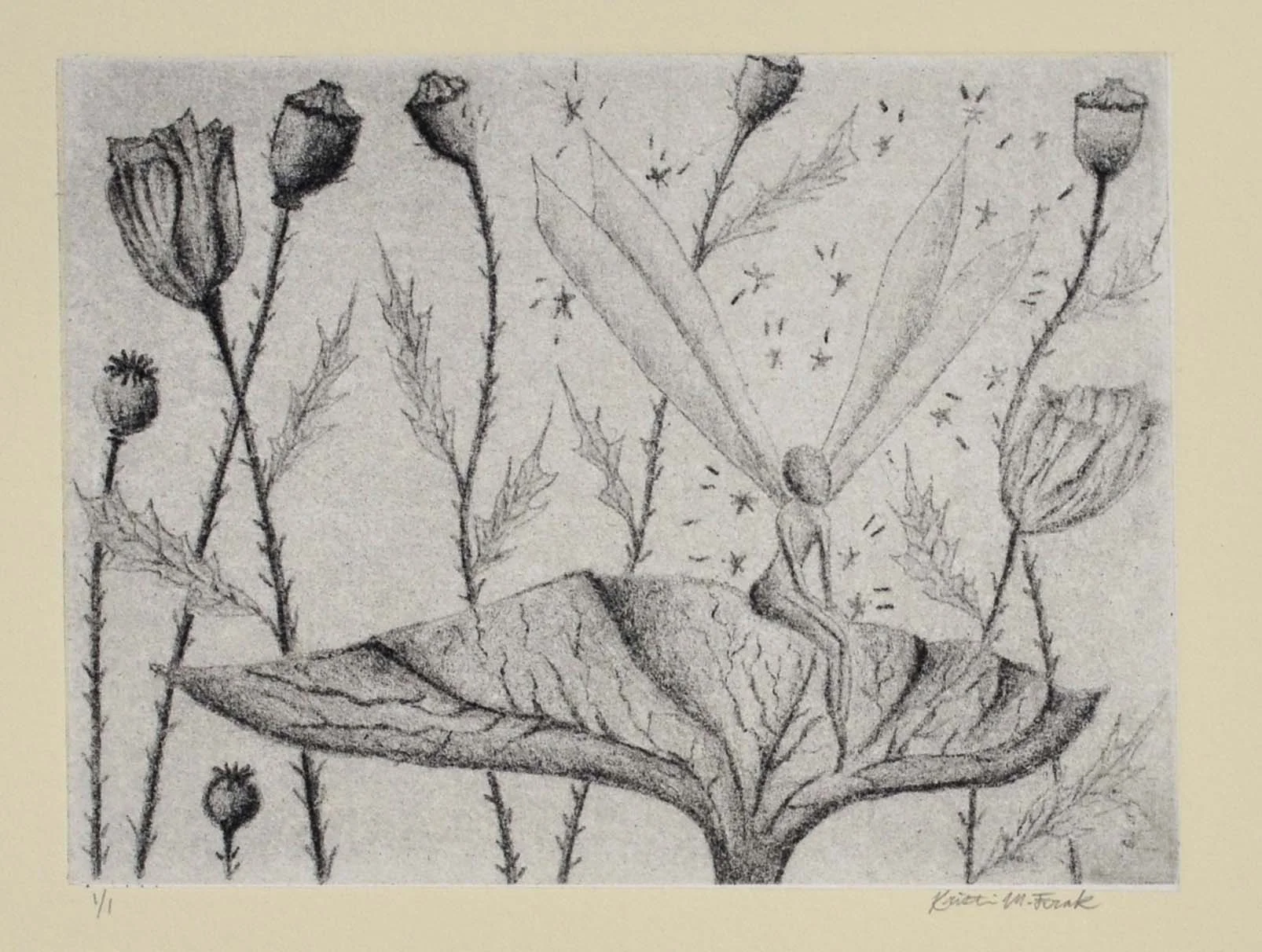 Photo of the original photogravure and chine-collé print titled "Fairy Awakening Flowers." This is plate one featuring the fairy sitting on a leaf.