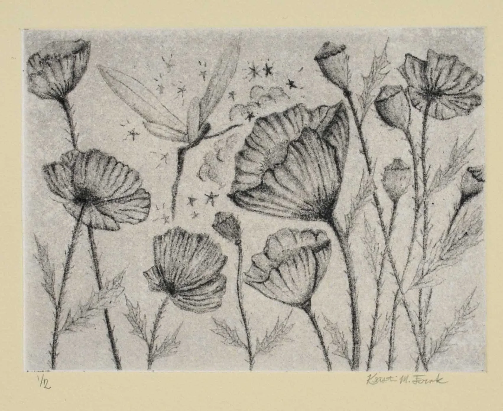 Photo of the original photogravure and chine-collé print titled "Fairy Awakening Flowers." This is plate two featuring the fairy sitting sprinkling magic dust on the flowers.