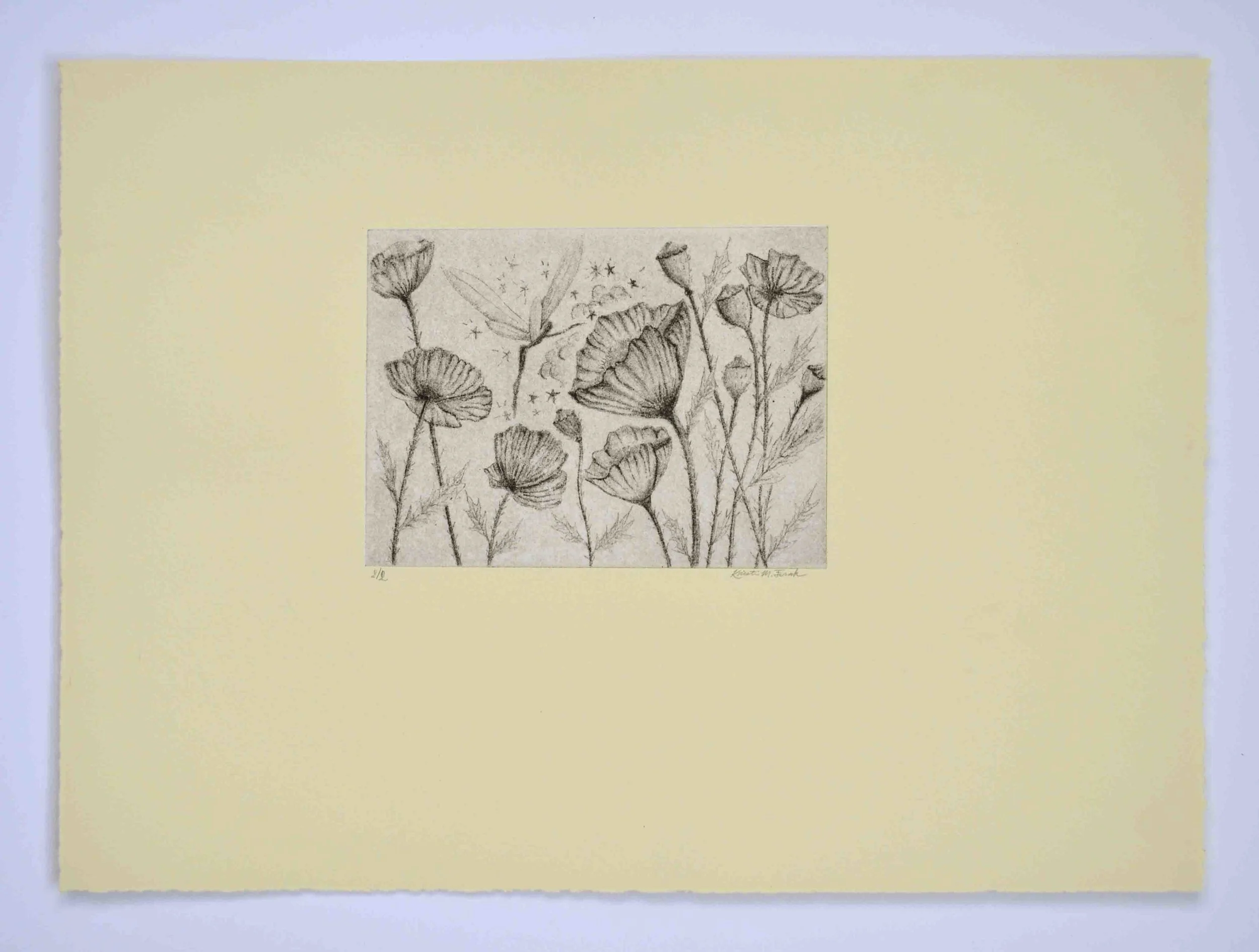 Photo of the original photogravure and chine-collé print titled "Fairy Awakening Flowers." This is plate two featuring the fairy sprinkling magic dust on the flowers.