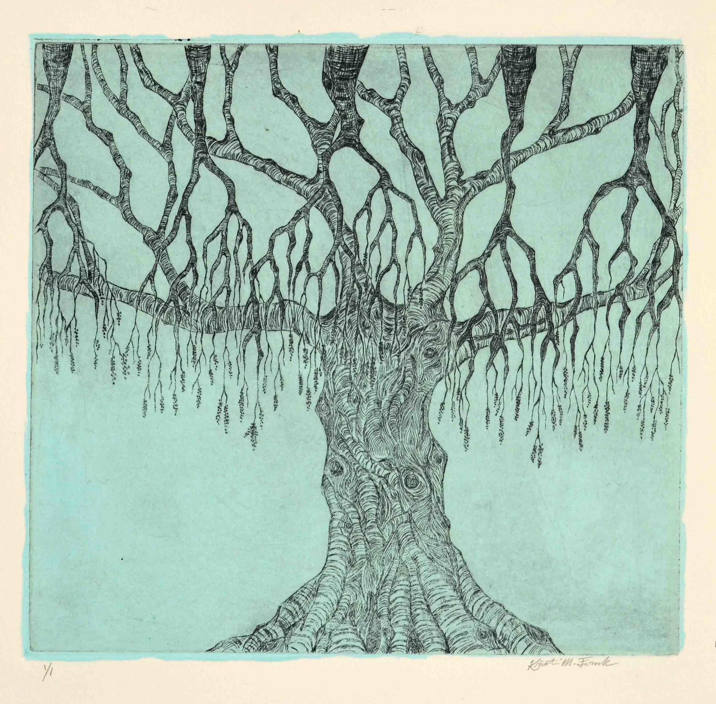 Photo of the original intaglio etching titled "Weeping Willow." The etching features a detailed willow tree in black ink, against a light turquoise background.