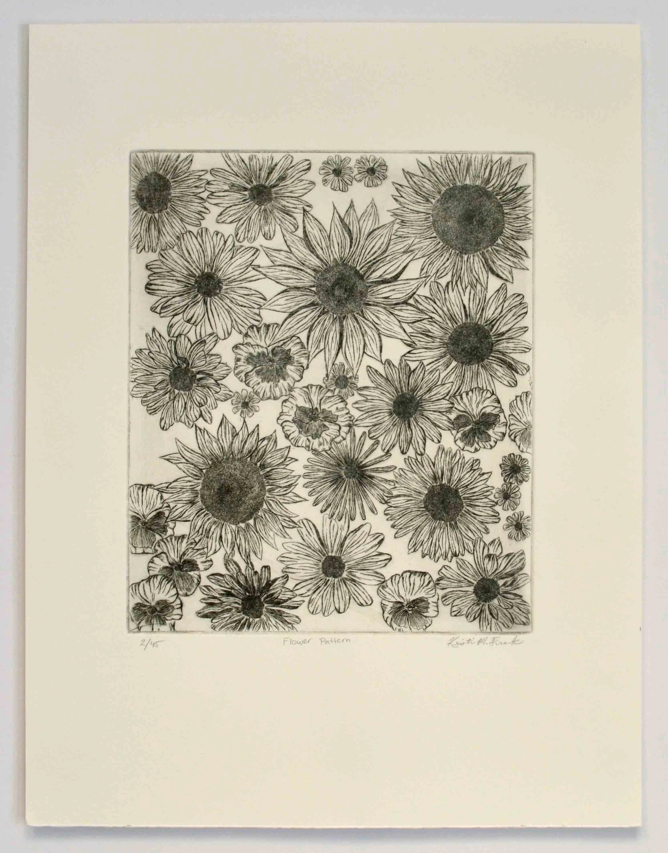 Photo of the original intaglio etching titled "Flower Pattern" by Kristin Frank. The etching features a pattern of detailed flowers.