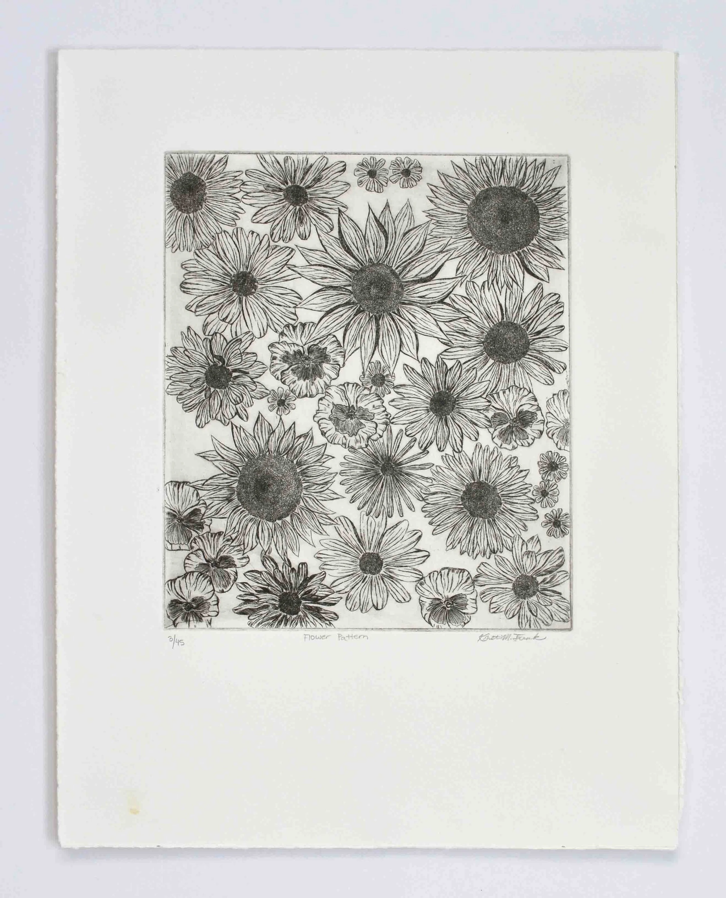 Photo of the original intaglio etching titled "Flower Pattern" by Kristin Frank. The etching features a pattern of detailed flowers.
