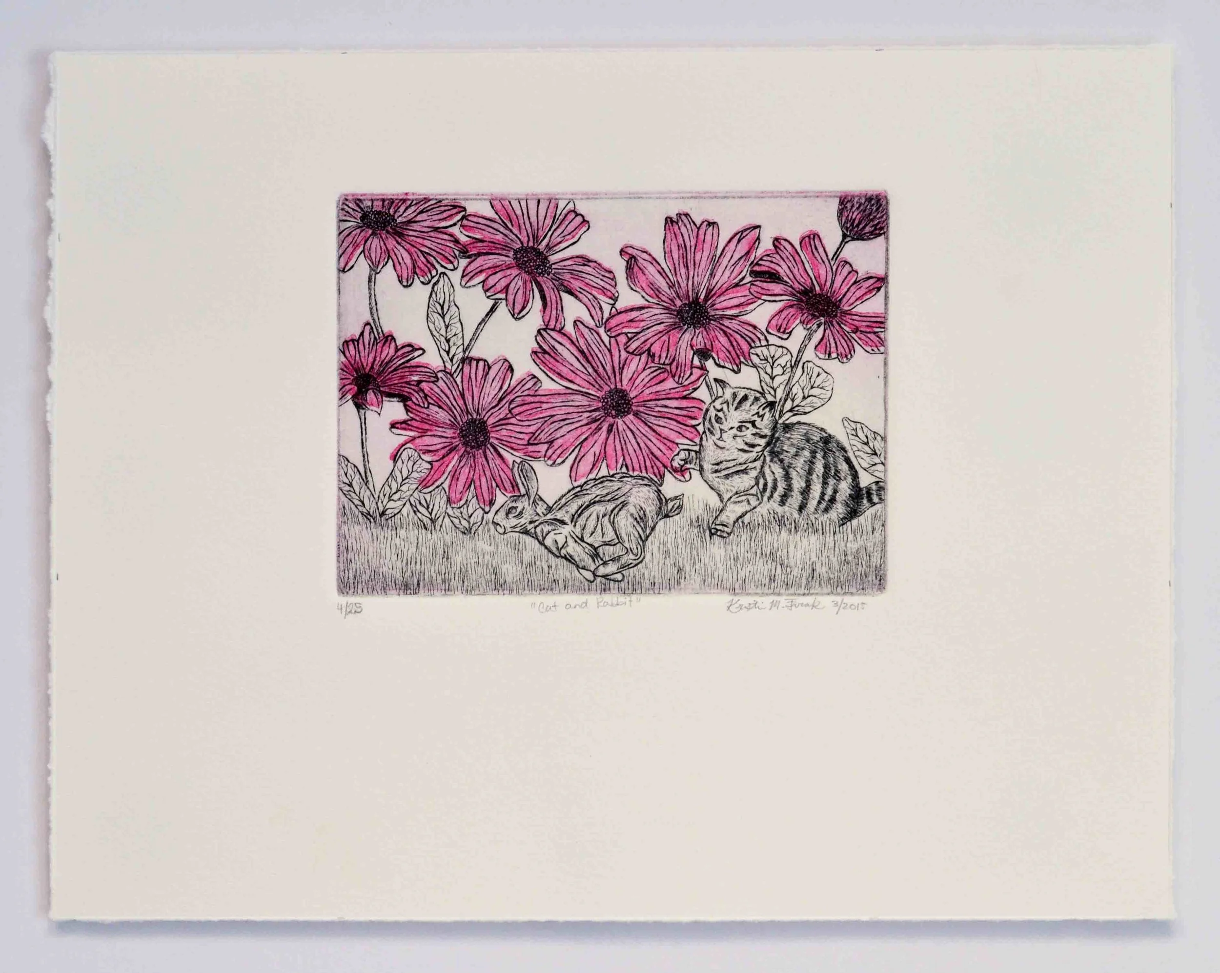 Photo of the original intaglio etching titled "Cat and Rabbit" by Kristin Frank. The etching features a cat and rabbit among magenta flowers.