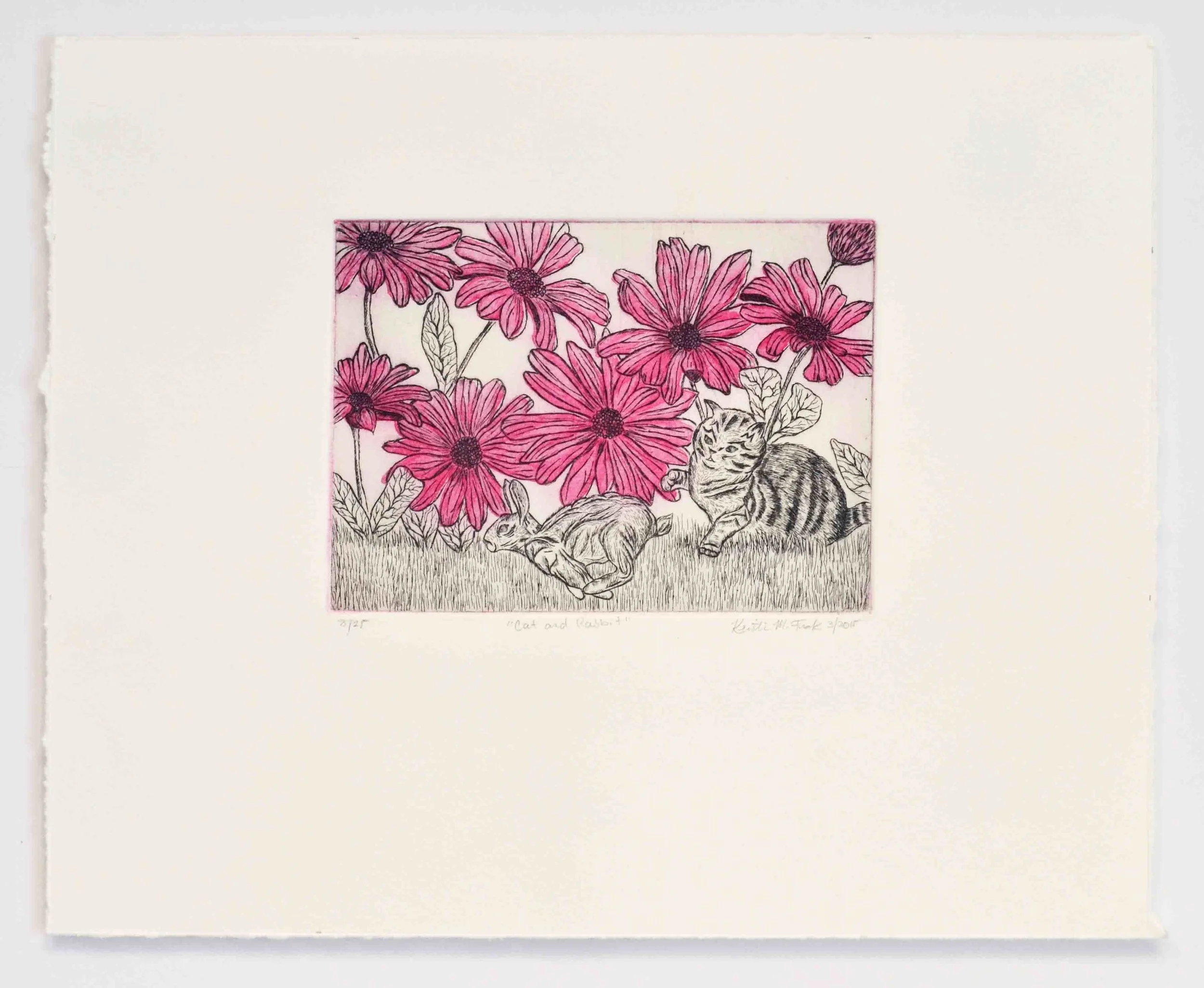 Photo of the original intaglio etching titled "Cat and Rabbit" by Kristin Frank. The etching features a cat and rabbit among magenta flowers.