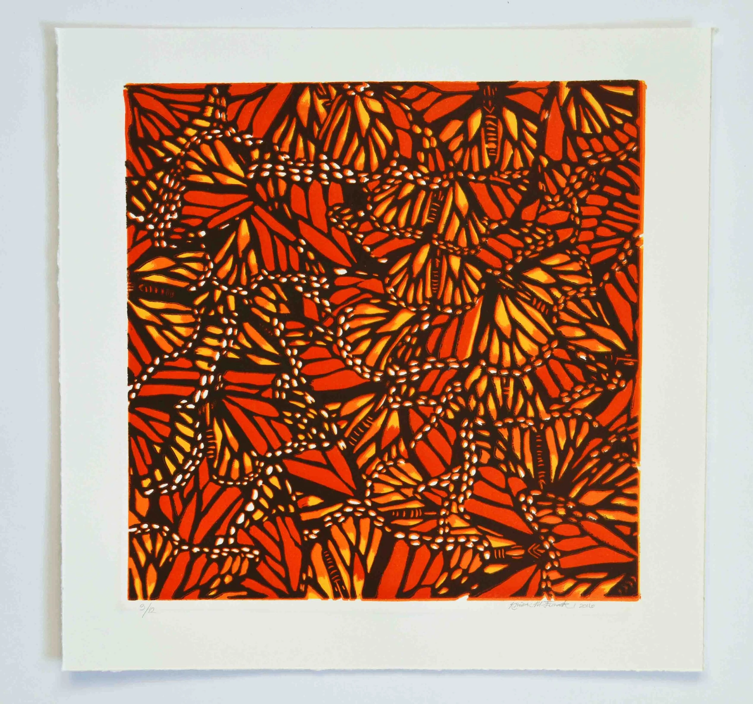 Relief print titled "Monarch Collage No.2" by Kristin Frank. This print features monarch butterfly wings.