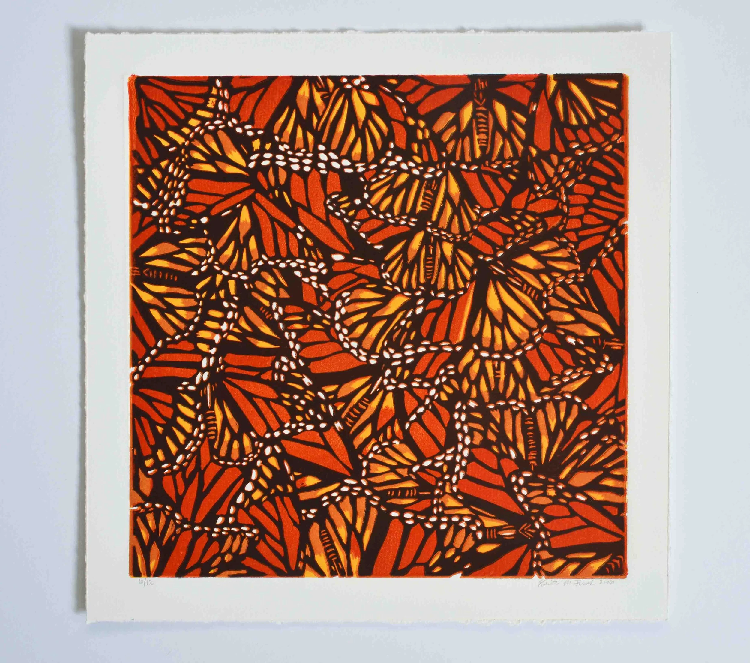 Relief print titled "Monarch Collage No.2" by Kristin Frank. This print features monarch butterfly wings.
