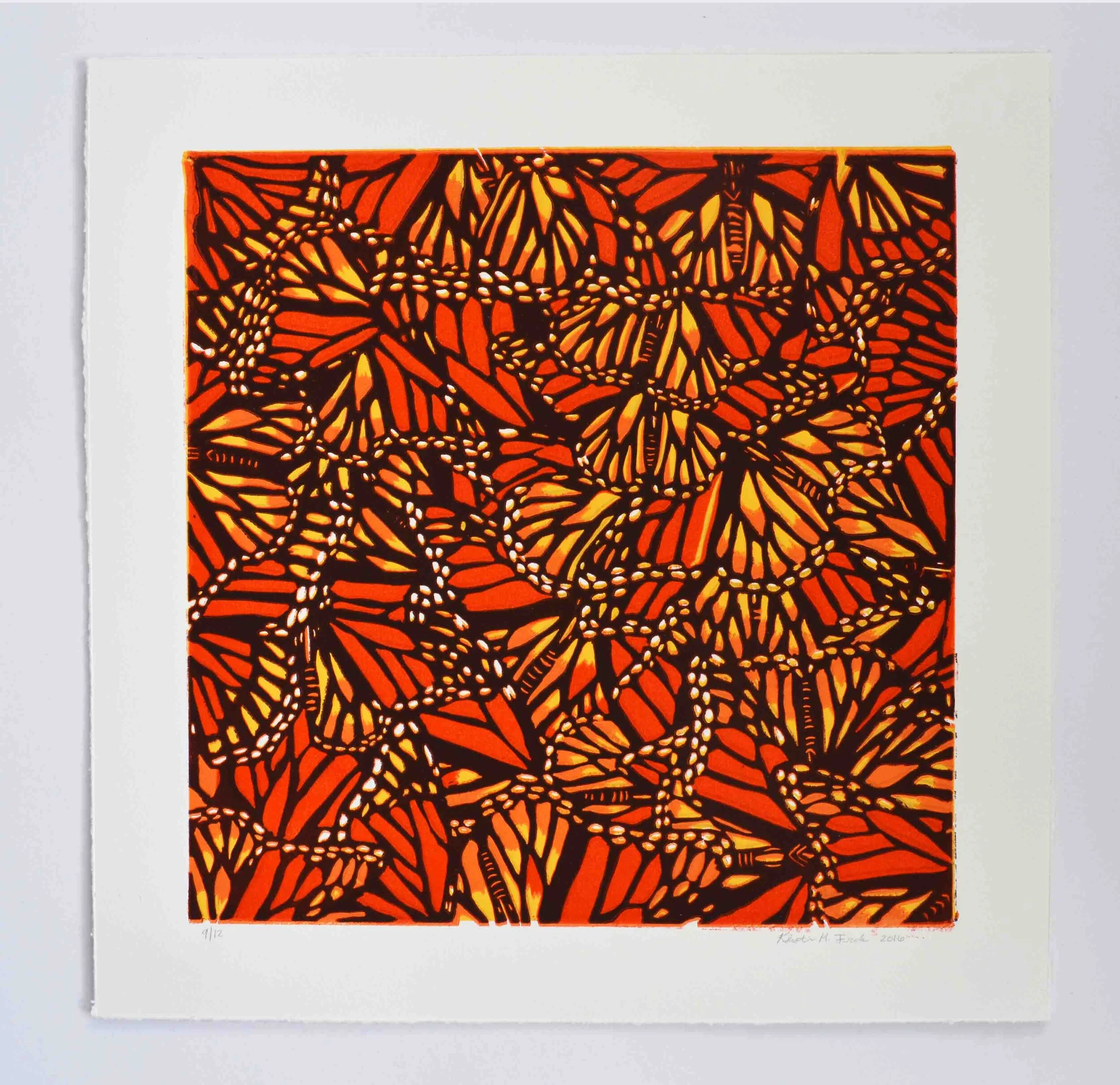 Relief print titled "Monarch Collage No.2" by Kristin Frank. This print features monarch butterfly wings.