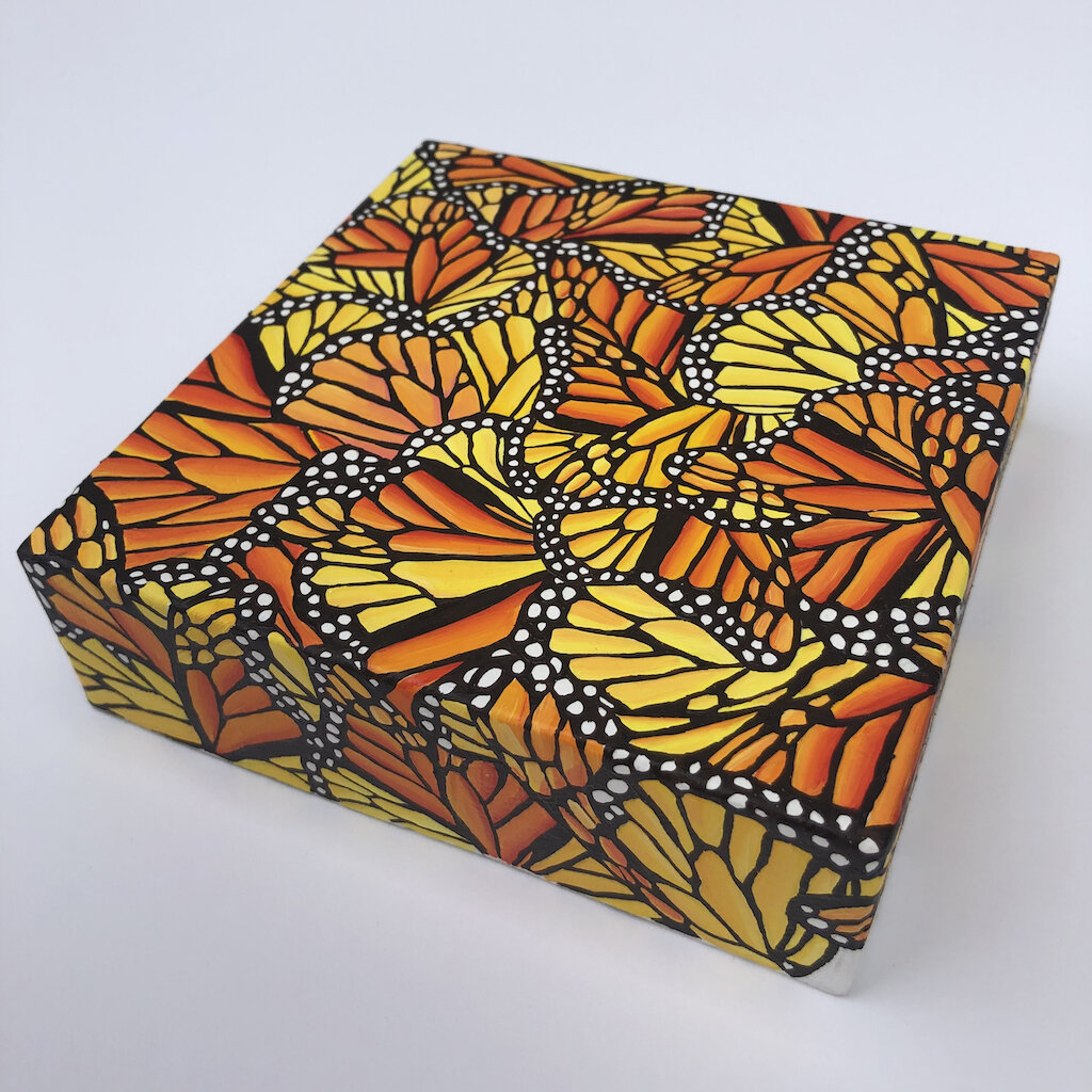 Photo of "Mini Monarch Migration No.1." This is an oil painting by Kristin Frank. It features monarch butterflies clustered together for the winter.