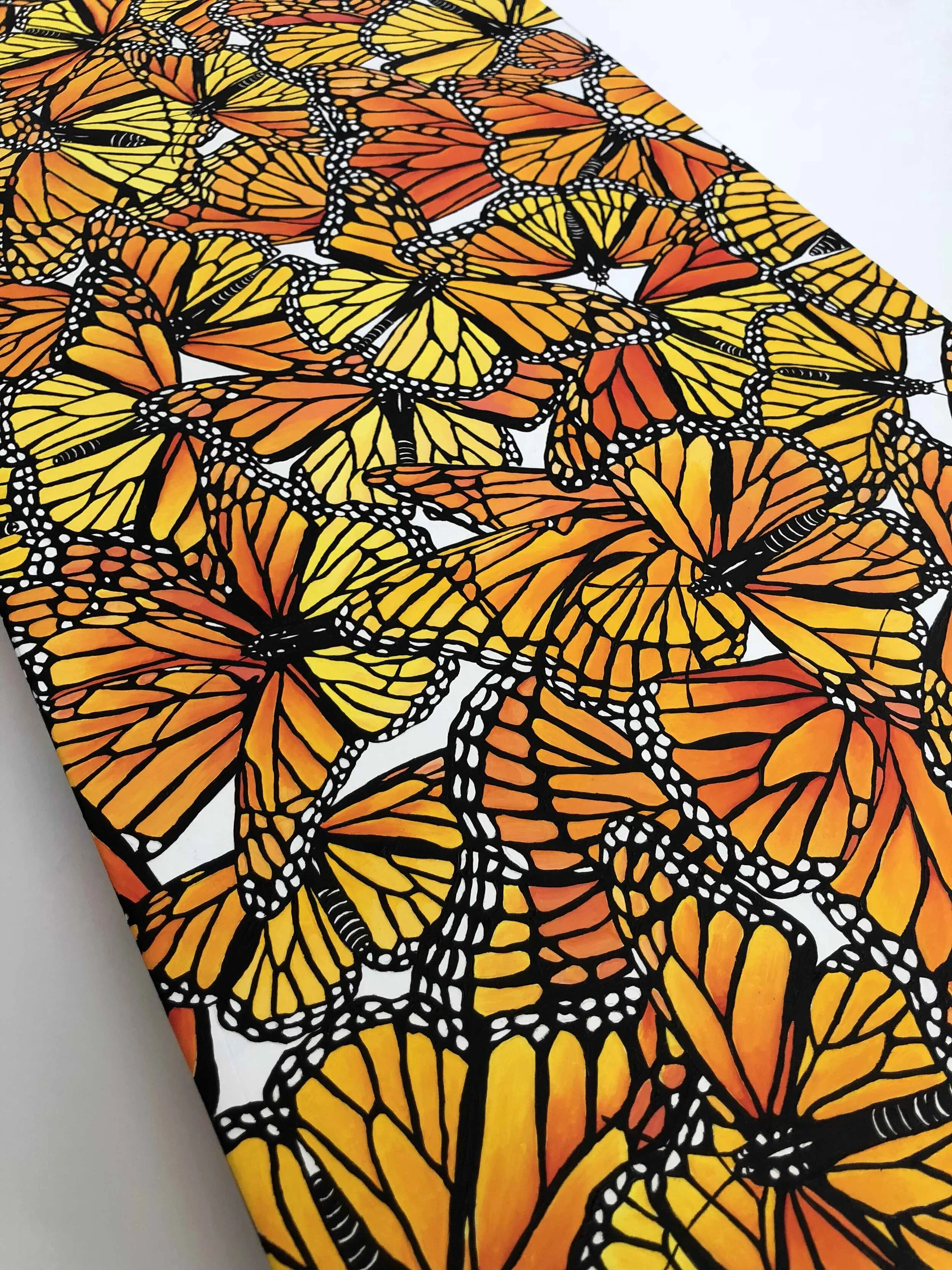 Photo of the original oil painting by Kristin Frank, titled "Scatter". It is on cradled, wood panel.  It features hundreds of monarch butterflies in flight during their migration.