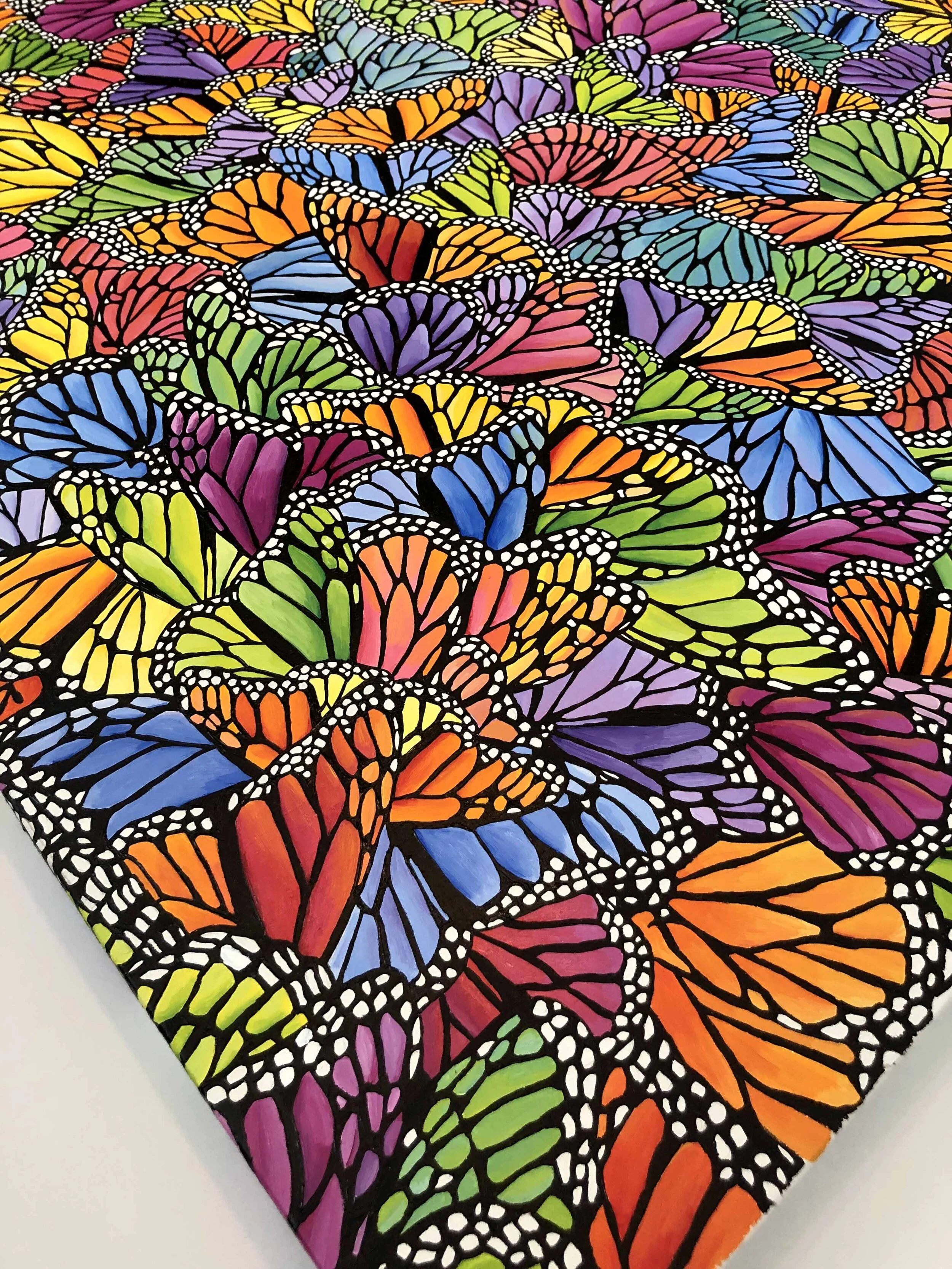 Photo of the oil painting "Colorful Monarch Migration" by artist Kristin Frank. It features hundreds of colorful monarch butterfly wings. The butterflies are clustered together for the winter.