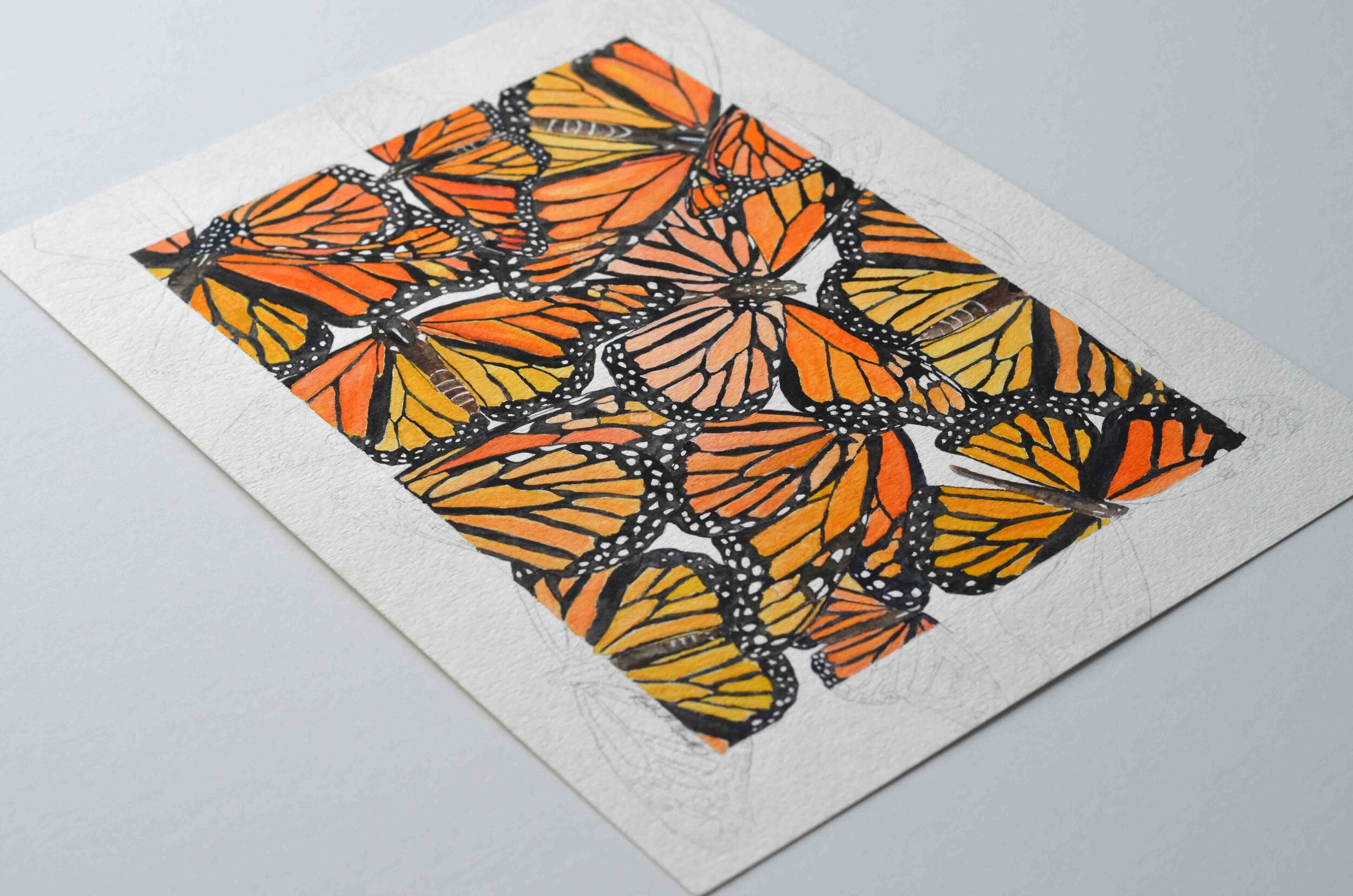 Photo of "The Original Monarch Migration." This is a watercolor painting of monarch butterflies by Kristin Frank.