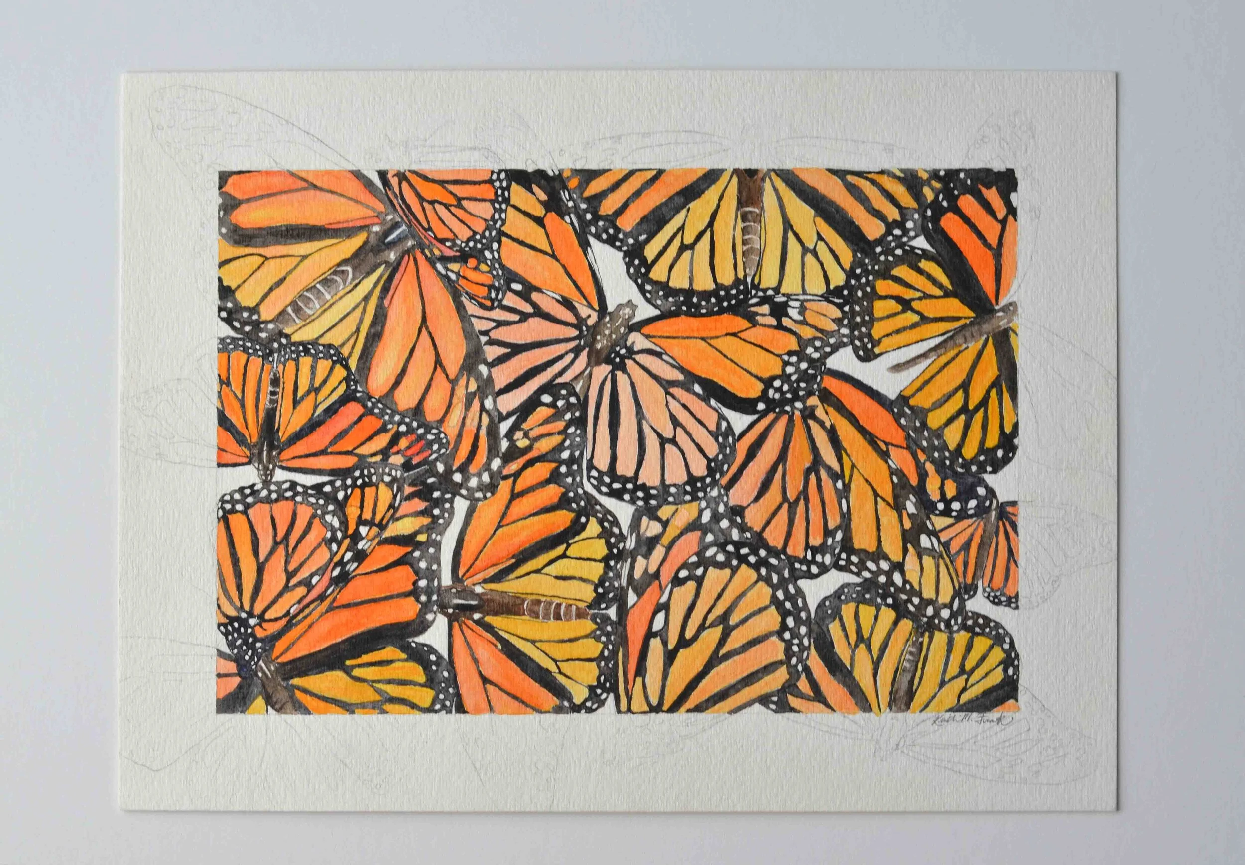 Photo of "The Original Monarch Migration." This is a watercolor painting of monarch butterflies by Kristin Frank.