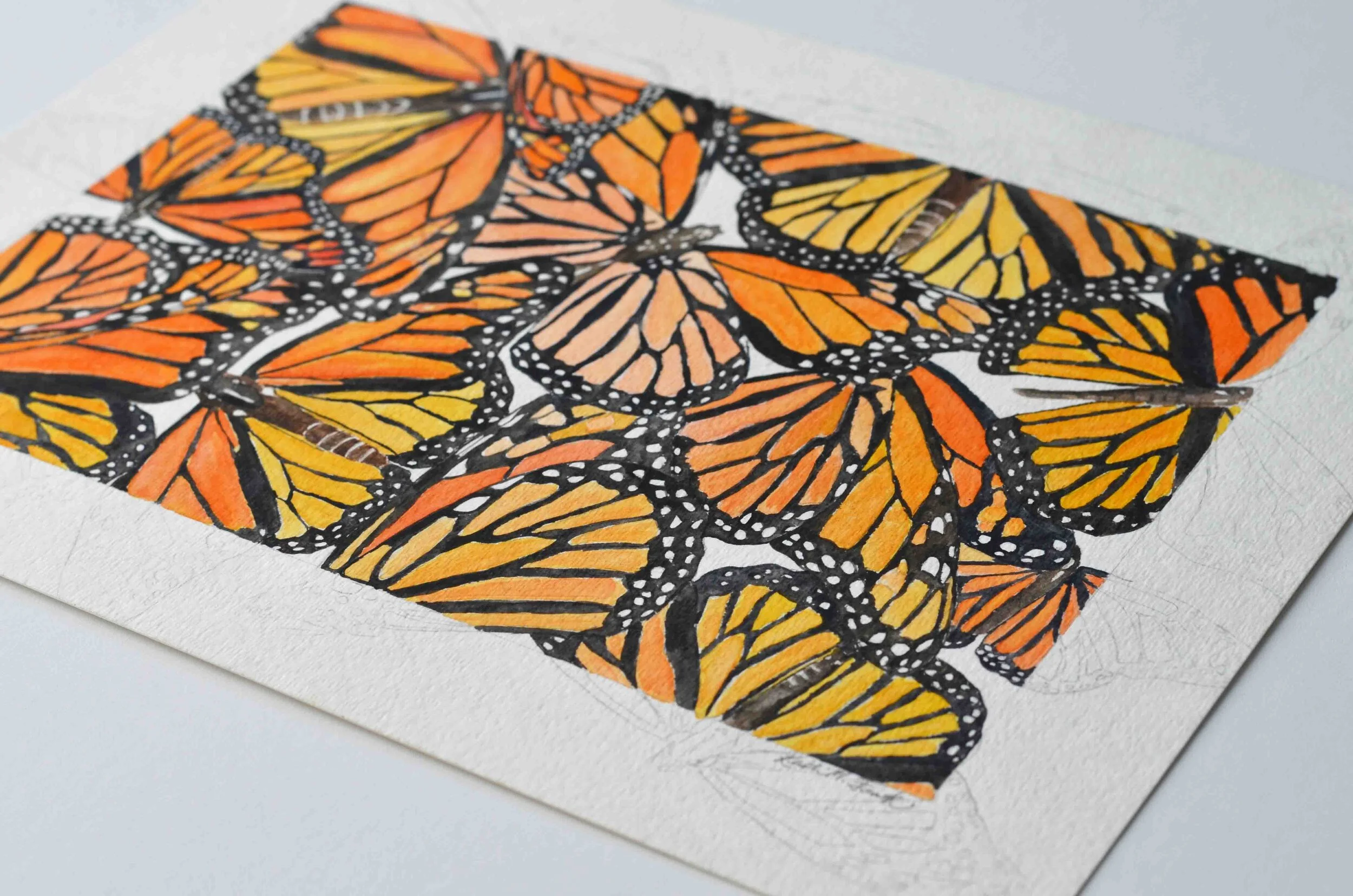 Photo of "The Original Monarch Migration." This is a watercolor painting of monarch butterflies by Kristin Frank.