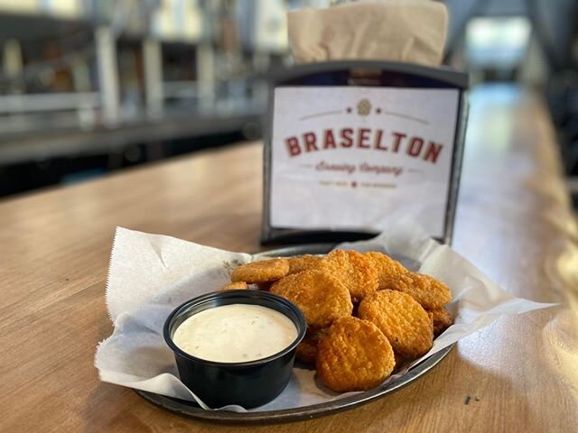 Craving something salty? We've added Fried Pickles 🥒 to our menu. 
A plate of our Tabasco breaded pickle chips with a side of ranch dipping sauce. Checkout our full menu - https://www.braseltonbrewing.com/food-menu

Our patio is open for full servic