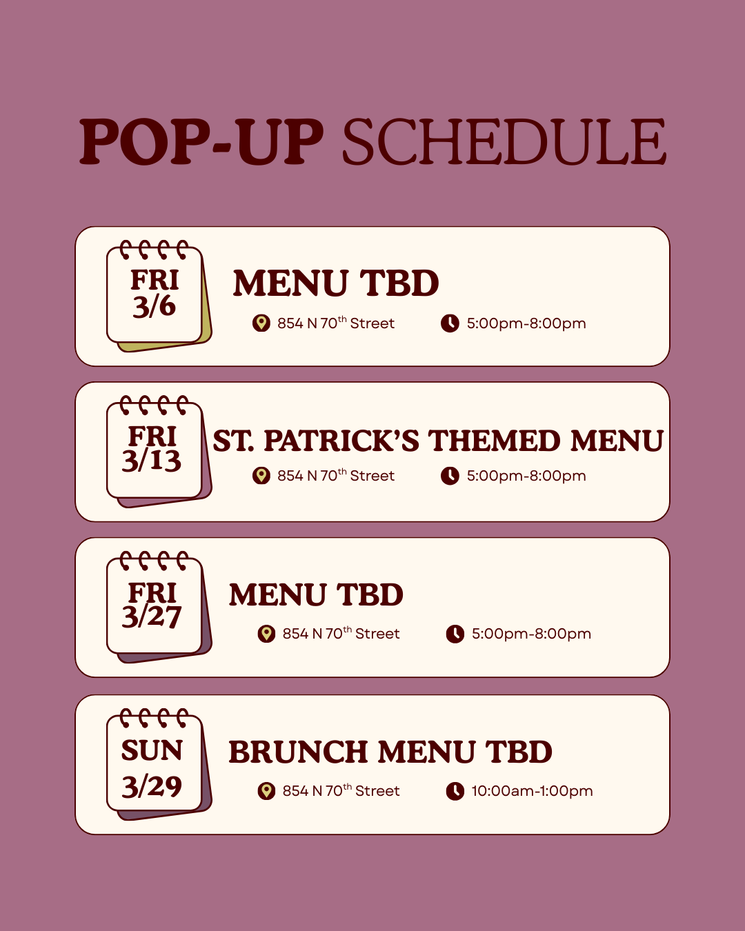 POP UP SCHEDULE + MENUS — Rutabagas