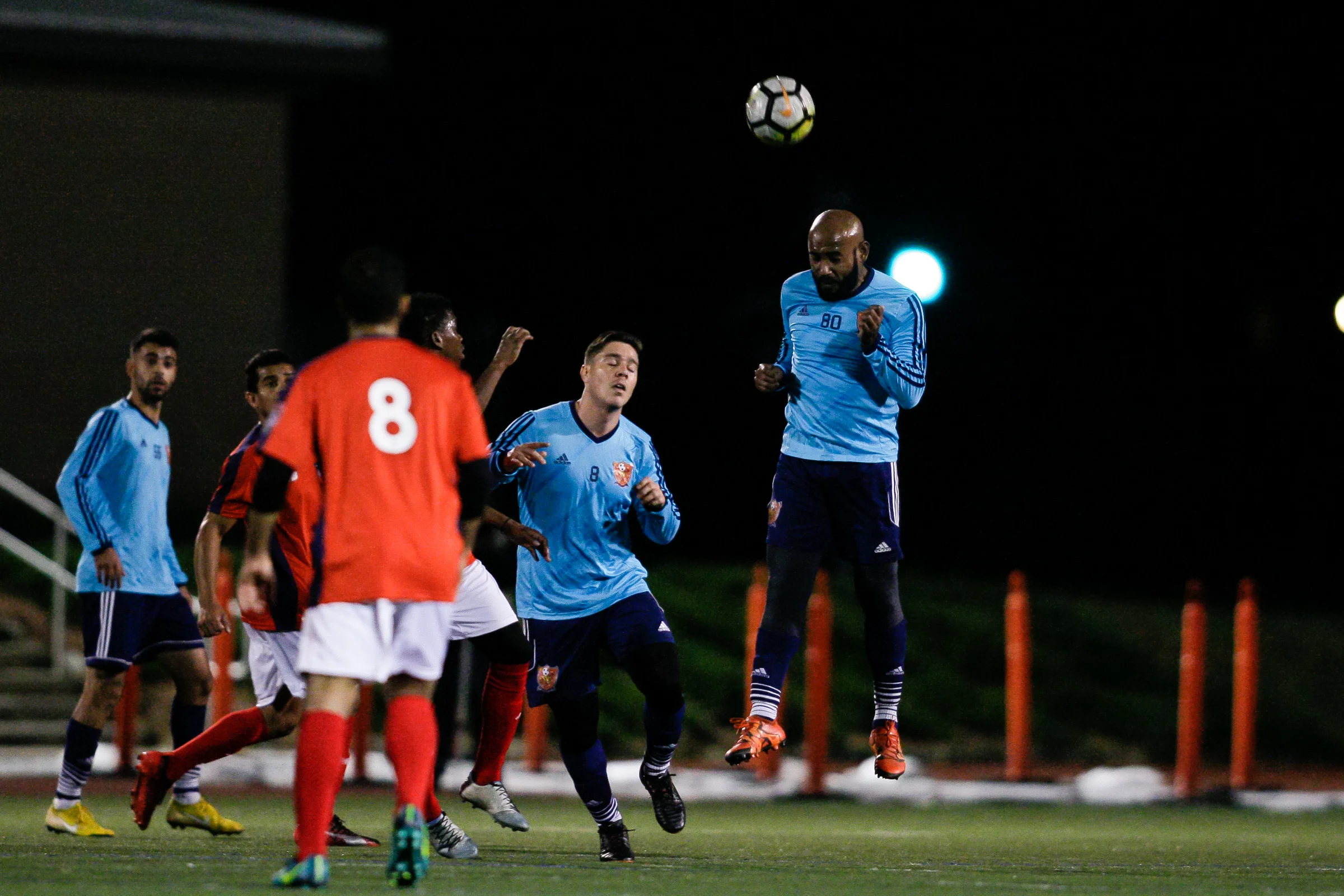 Somerville, MA: Geovane Lage Silva (Safira #80) heads the ball in traffic. Safira FC defeated Boston City FC 4-1 in a 2019 Lamar Hunt U.S. Open Cup game on October 20, 2018. (c) Burt Granofsky