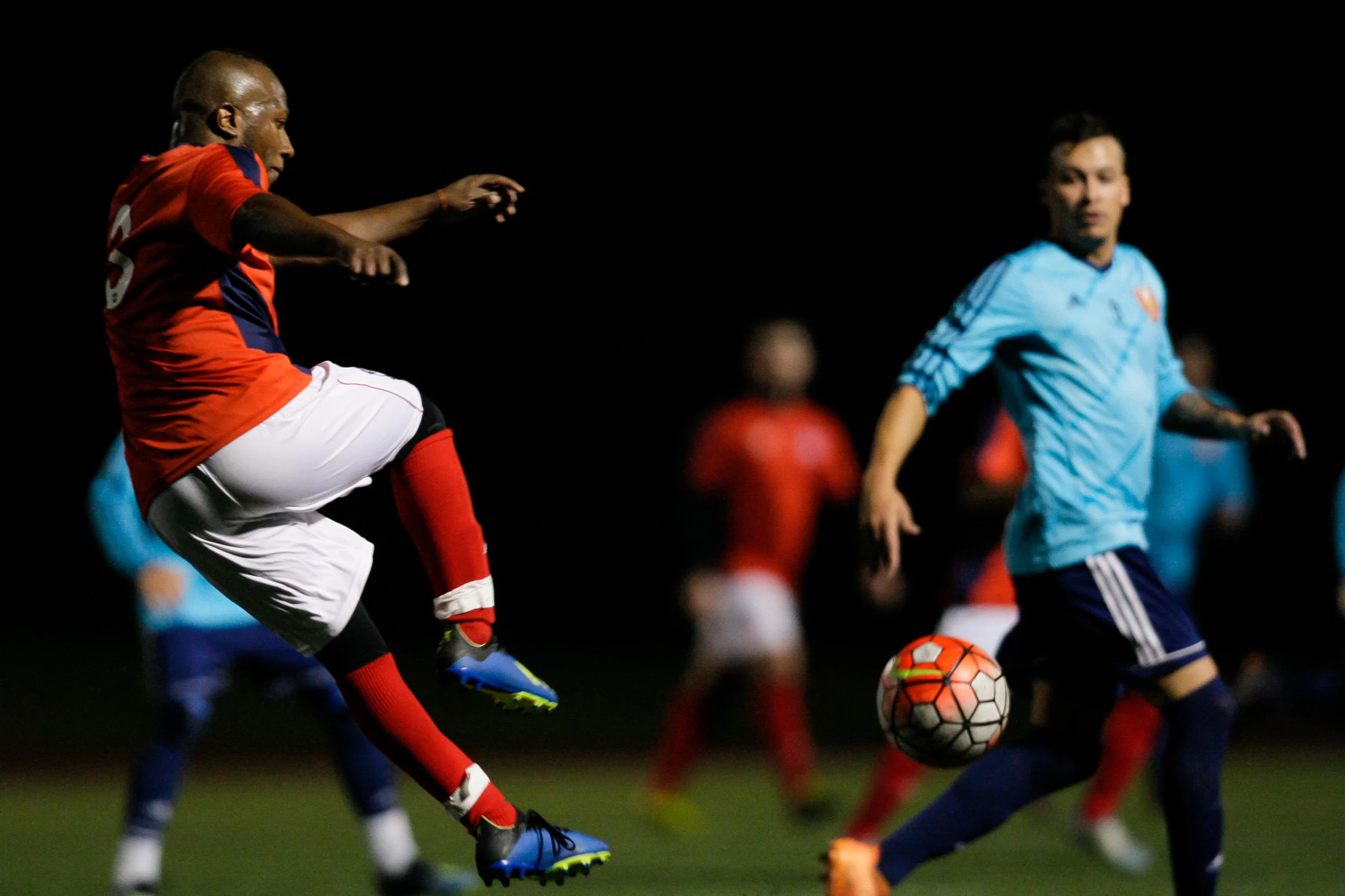 Somerville, MA: William Balanta (Boston City #3) fires the ball upfield. Safira FC defeated Boston City FC 4-1 in a 2019 Lamar Hunt U.S. Open Cup game on October 20, 2018. (c) Burt Granofsky