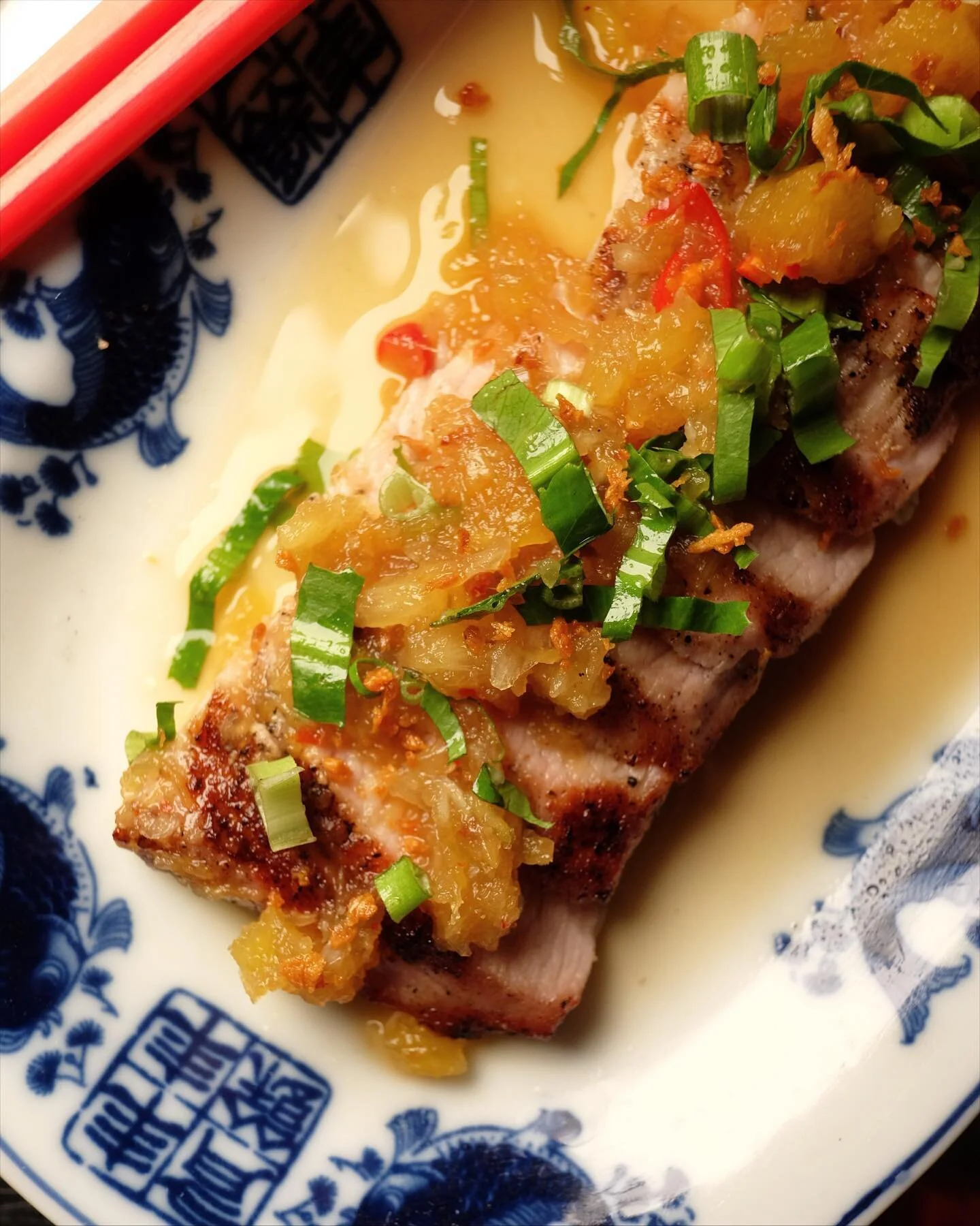 The Grilled Pork Collar - served with a pineapple anchovy sauce and sawtooth herbs. 

Pair it perfectly with a Jasmine Rice Ale 🍺