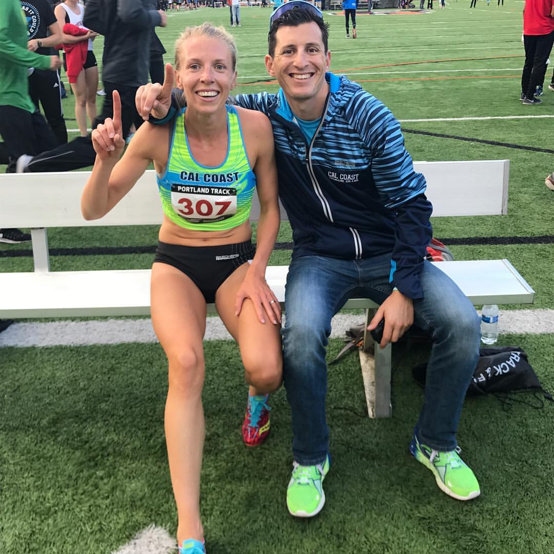 Coach Jabaz with Hanna Hermansson after qualifying for Worlds in the 800m