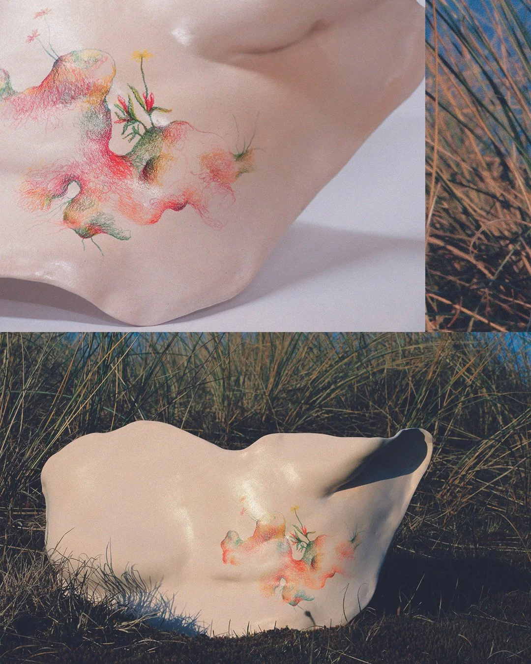   Blooming scars    Marine Nouvel, 2025.   Sculpture en grès, dessin au crayon.    Sculptures réalisées pour le prix Carta Bianca, à partir d’une rencontre avec trois femmes de l’association Etincelles, qui accompagne les patientes qui traversent le 