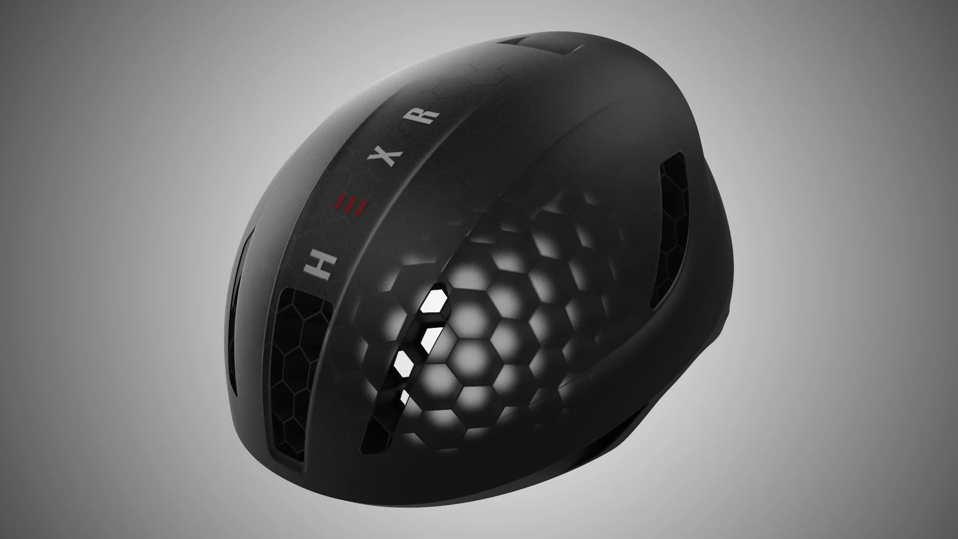 Hexr - helmet - photography - black - curventa - design - model - cycling - performance - transparent - hex - 3D print - aero - custom - headscan - keyshot - render - perspective - product design - ventilation