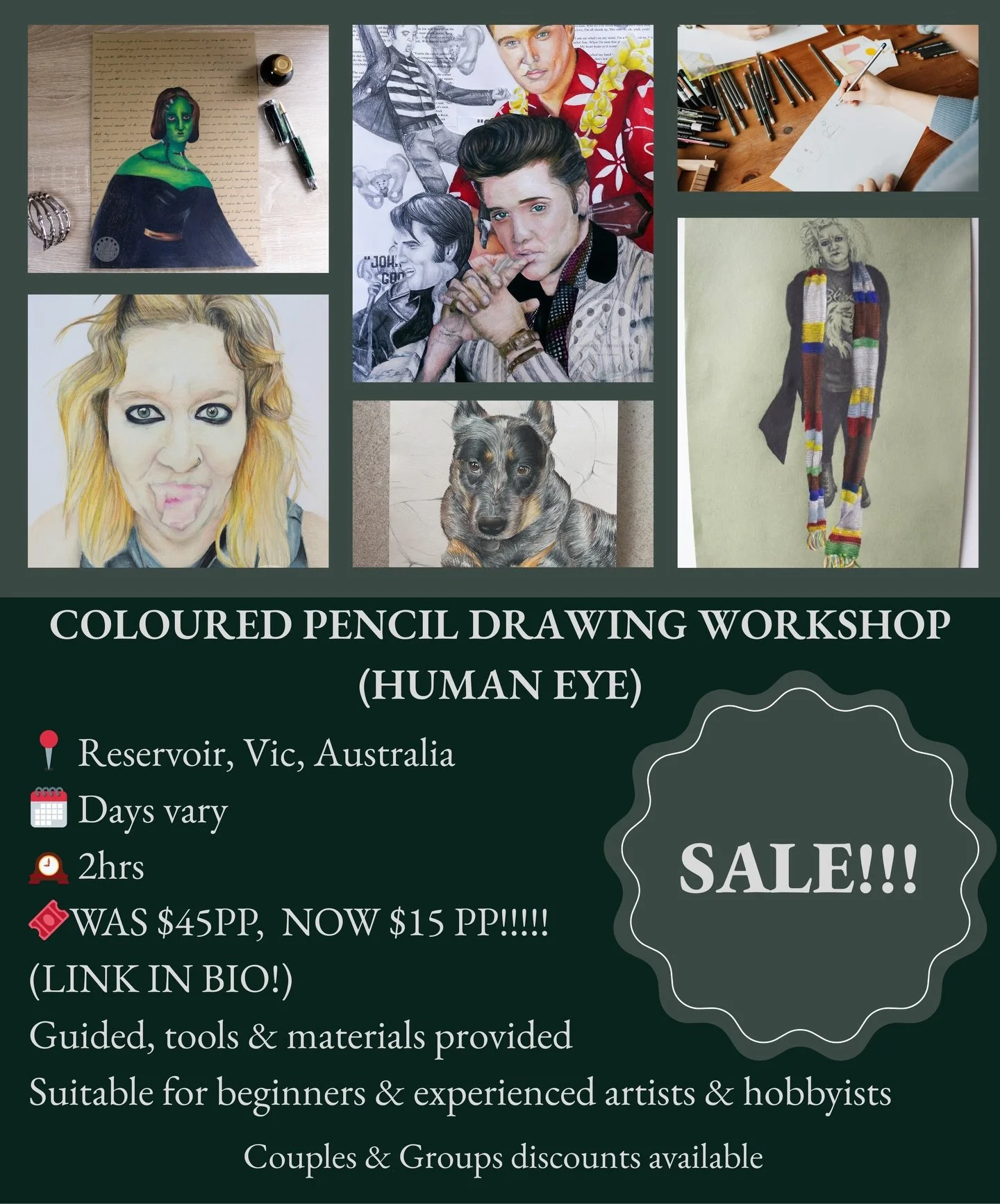 Looking for something to do this weekend? Learn about Prismacolor pencils and drawing the human eye this Saturday at the Reservoir Community and Learning centre!!!
Book now: (Couples and Groups discounts available!!!) Link in bio

#artworkshop #works