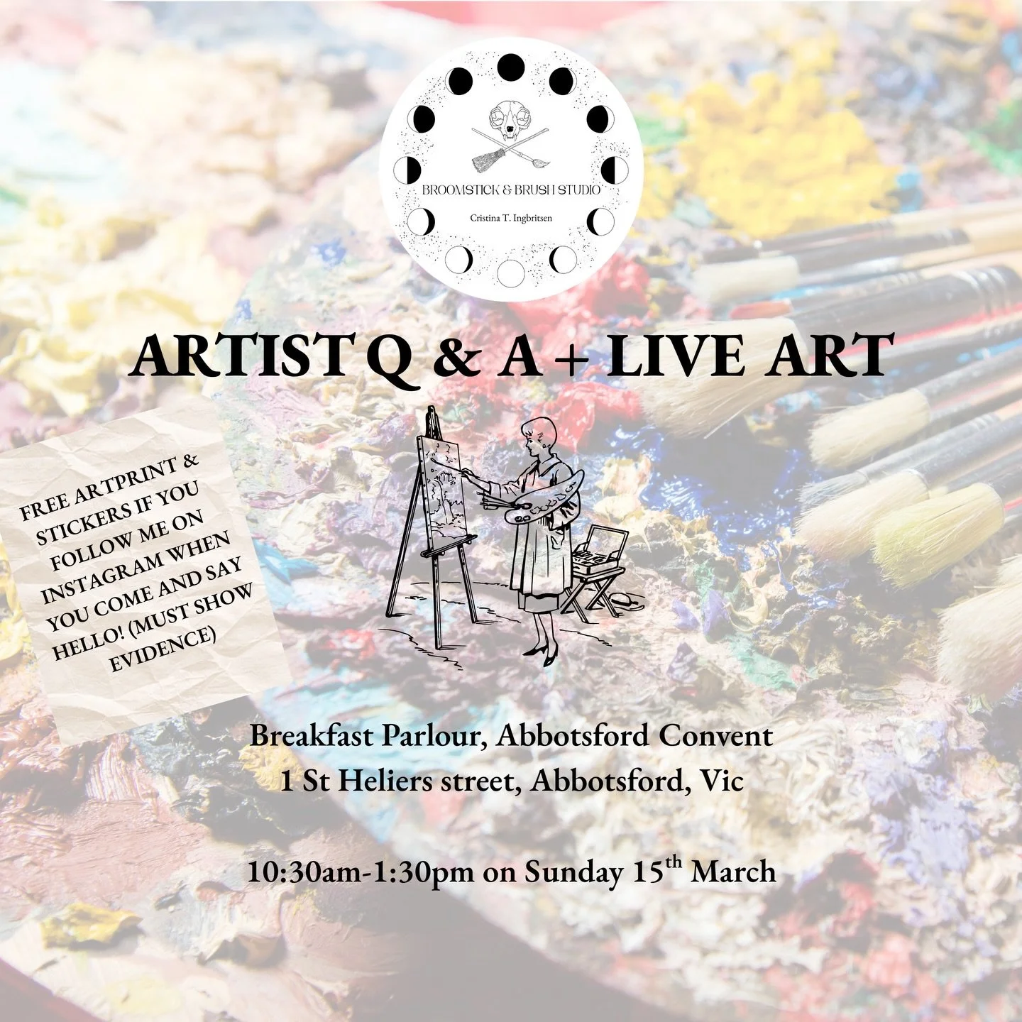 Hi everyone! Had a lovely workshop today but unfortunately due to a lack of interest tomorrow&rsquo;s workshop most-likely won&rsquo;t run so I&rsquo;ve decided to host a Artist Q&amp;A and will be working on some artwork at the Abbotsford Convent (i