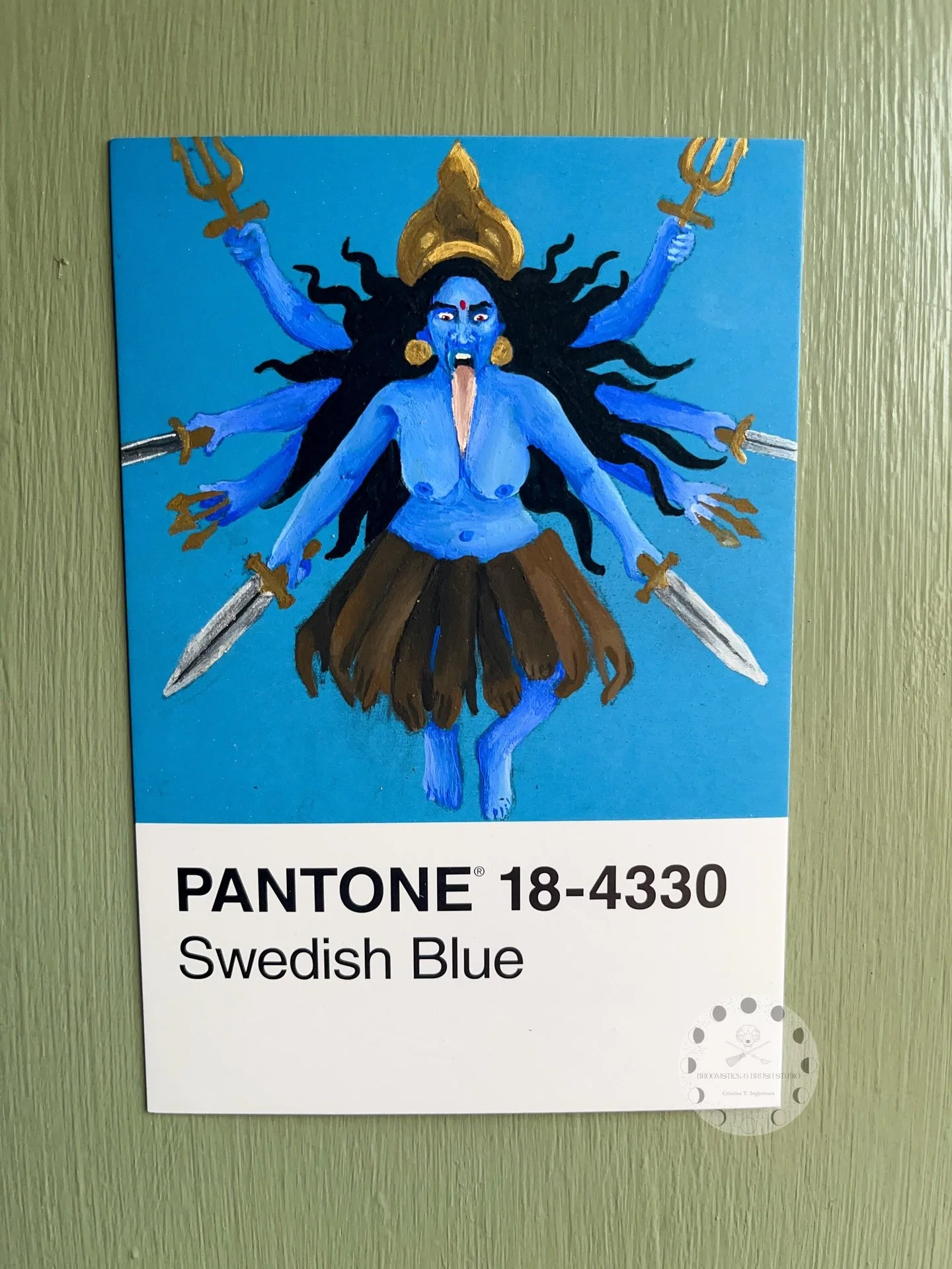 Kali/ Pantone 18-4330 (Swedish Blue) 💙
Pantone Challenge 9/100

Kali is a fierce Hindu goddess of time, destruction, and transformation, who embodies both terrifying power and profound maternal protection.

Acrylic gouache on Pantone postcard, seale