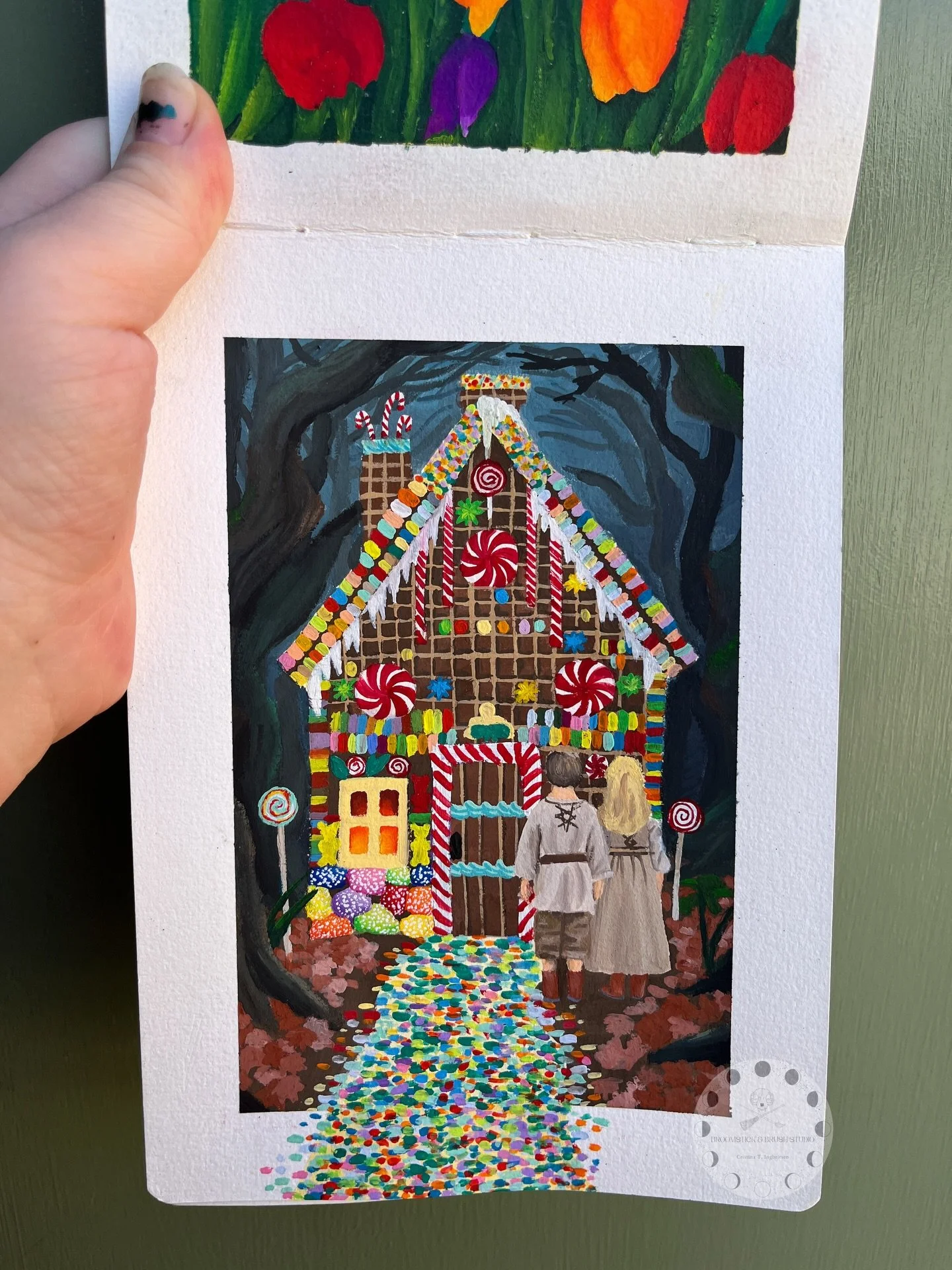 Hansel &amp; Gretel, Gouache with a cold wax finish on 100% cotton paper, A5, 2026

Been a while since I added a work to the gouache fairytale series. The house took so long to do! First time trying the @meeden.art gouache. So much better than Himi! 