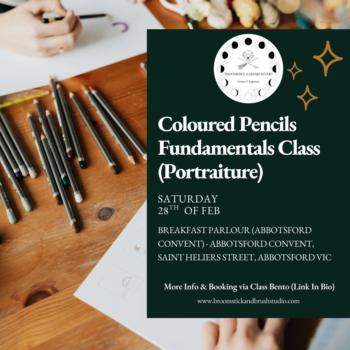 Looking for something to do this weekend?! 
There are still some spots left for my coloured pencils fundamentals Class (Portraiture). Located on the beautiful grounds of the Abbotsford convent, learn the fundamental techniques of coloured pencils usi