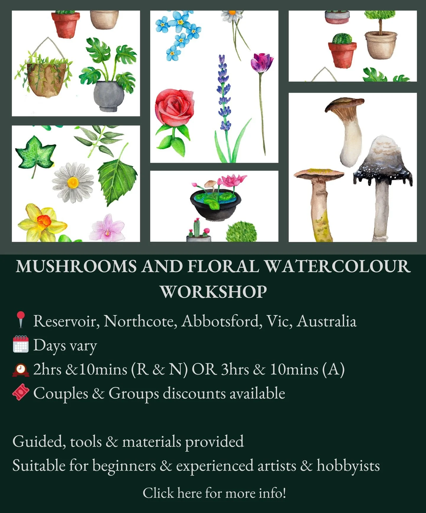 APRIL-JUNE DATES ADDED!
Some are already fully booked so be sure to purchase your ticket asap!

#whatsoninmelbourne #watercolourpainting #artworkshops #mushrooms #workshop