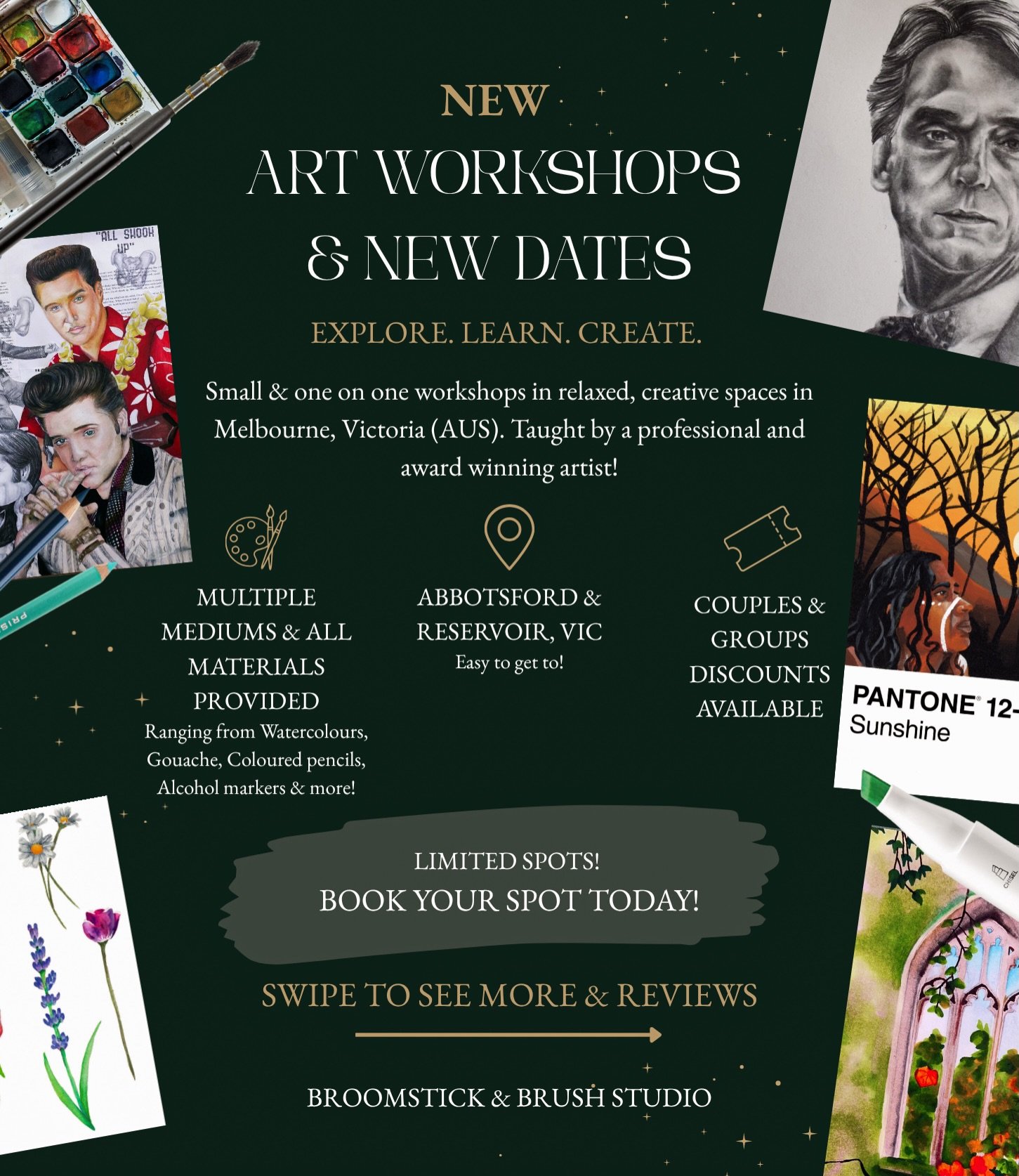 NEW WORKSHOPS ANNOUNCED!
Also more dates added to existing ones!
My workshops are starting to sell out more and more so be sure to book your tickets fast! Prior booking is a must. No walk-ins accepted.
(Link in bio)

#whatsoninmelbourne #artworkshops